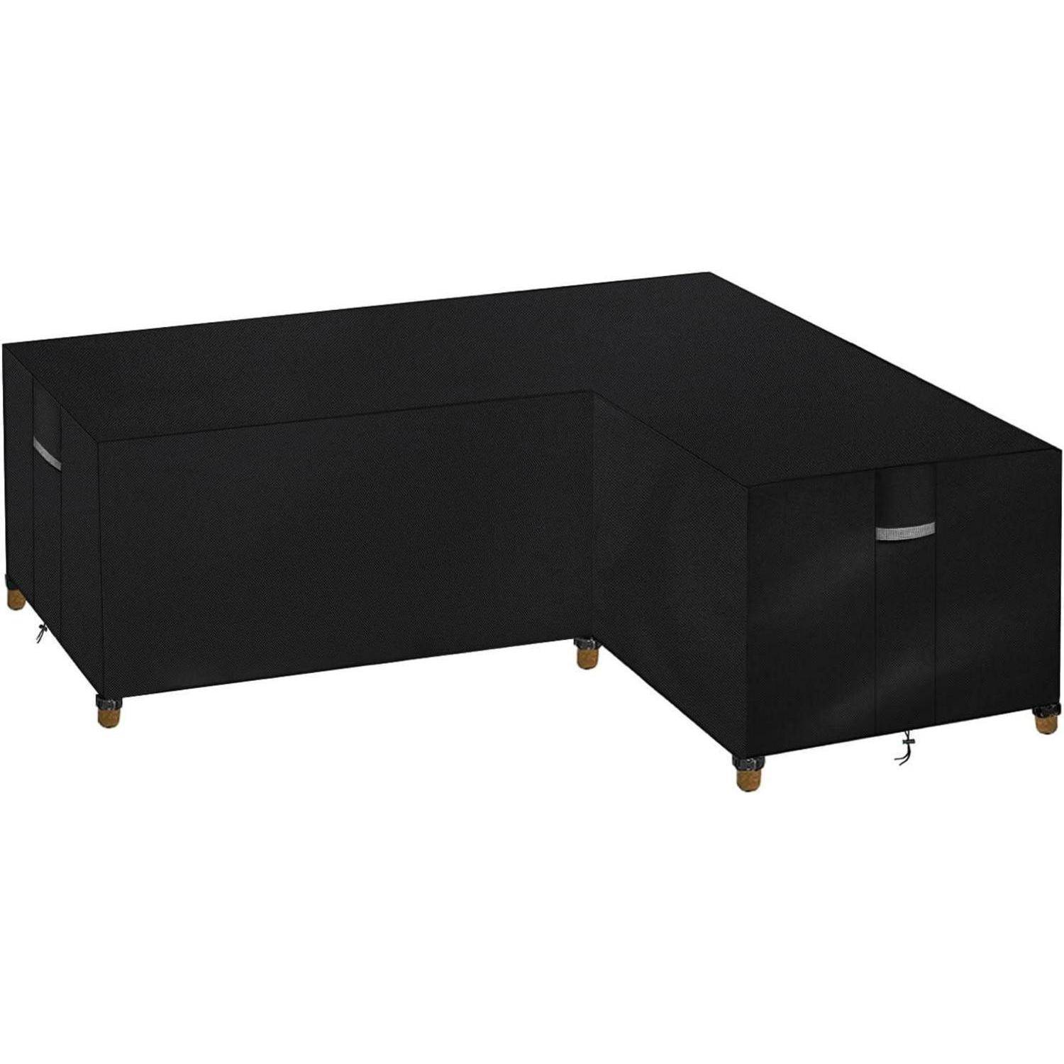 Schwarze Outdoor-Möbel-Schutzhülle für L-förmiges Sofa, die Schutz vor Witterungselementen bietet. Sitzt sicher mit Schnallen und Riemen.