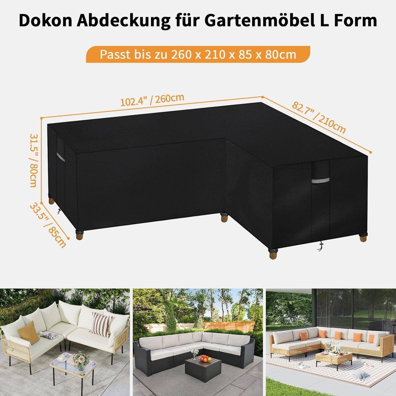 L-förmige Gartenmöbel-Abdeckung, schwarz, passend für bis zu 260 x 210 x 85 cm. Bilder zeigen Outdoor-Sitzgruppen abgedeckt und unabgedeckt.