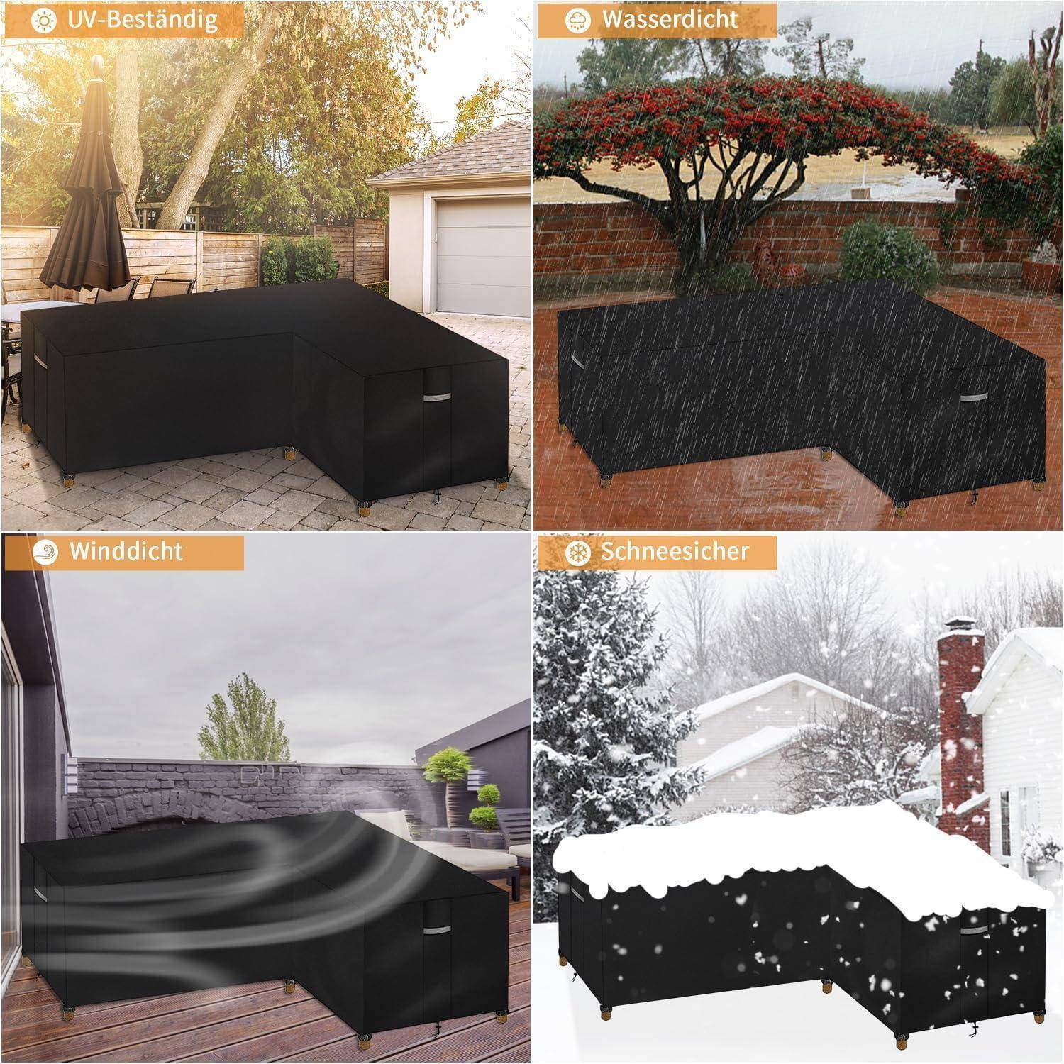 Vier Bilder zeigen eine schwarze Outdoor-Möbelabdeckung in verschiedenen Bedingungen: sonnig ('UV-beständig'), regnerisch ('Wasserdicht'), windig ('Winddicht'), schneebedeckt ('Schneesicher').