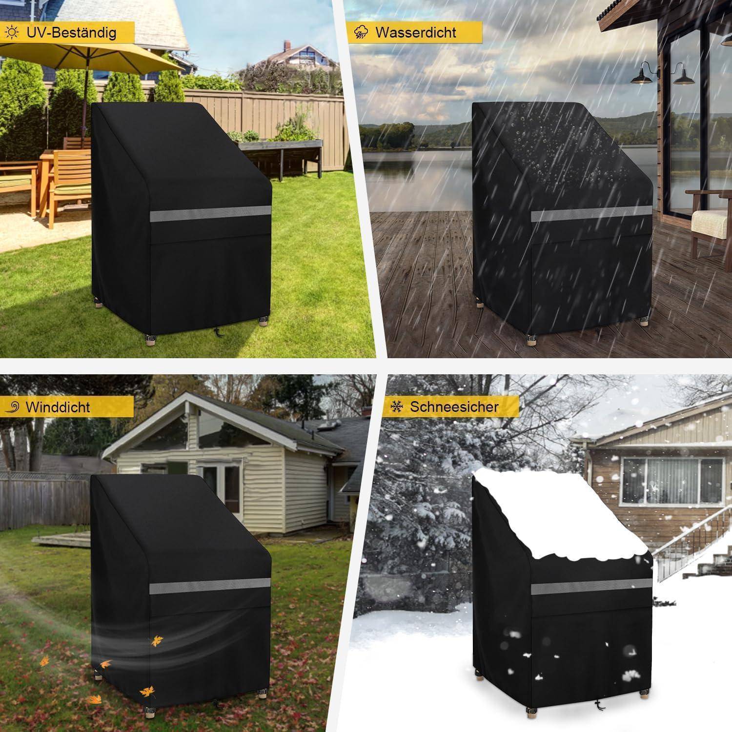 Vier überdachte Outdoor-Möbelstücke werden gezeigt, die als „UV-beständig