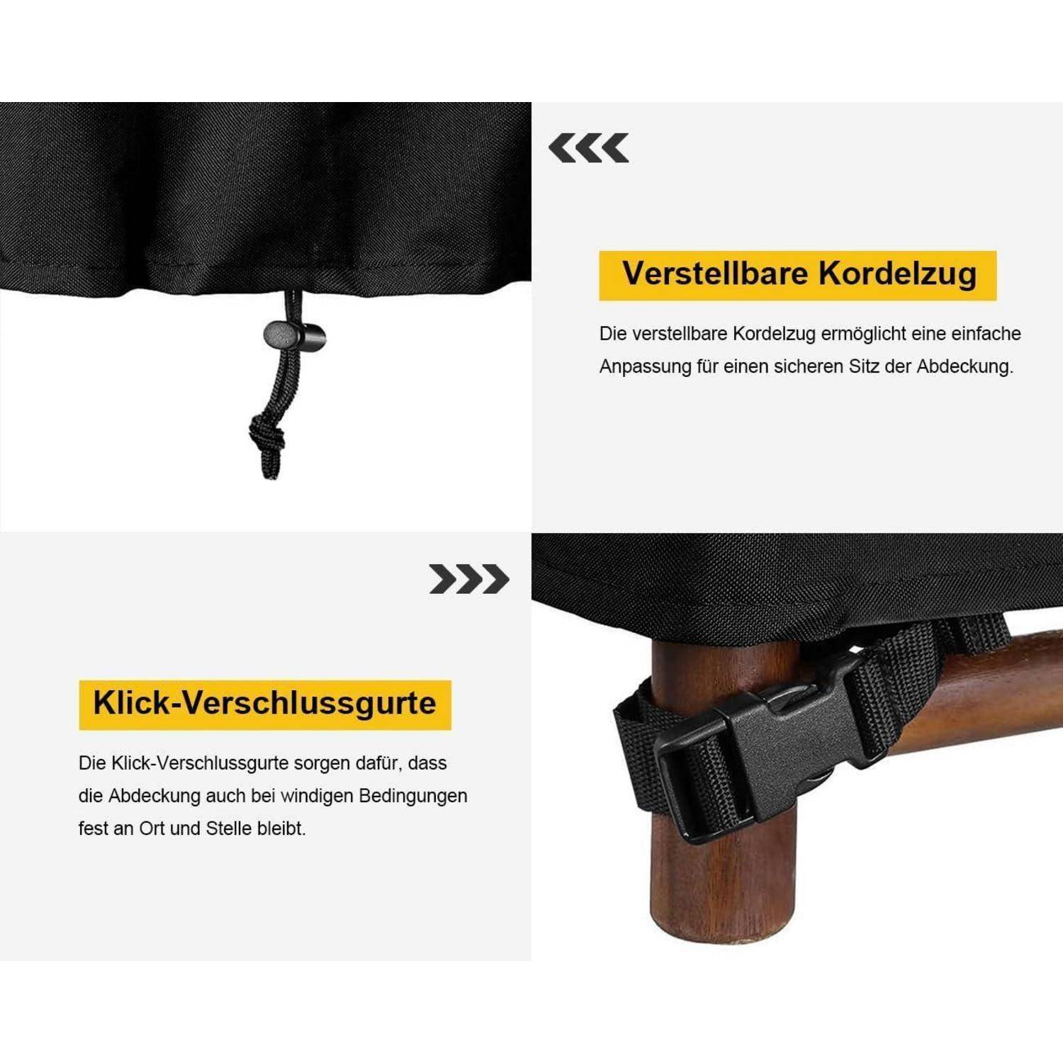 Das Bild zeigt zwei Merkmale eines Deckels: einen verstellbaren Kordelzug für einen sicheren Sitz und Klick-Verschlussgurte für Stabilität.