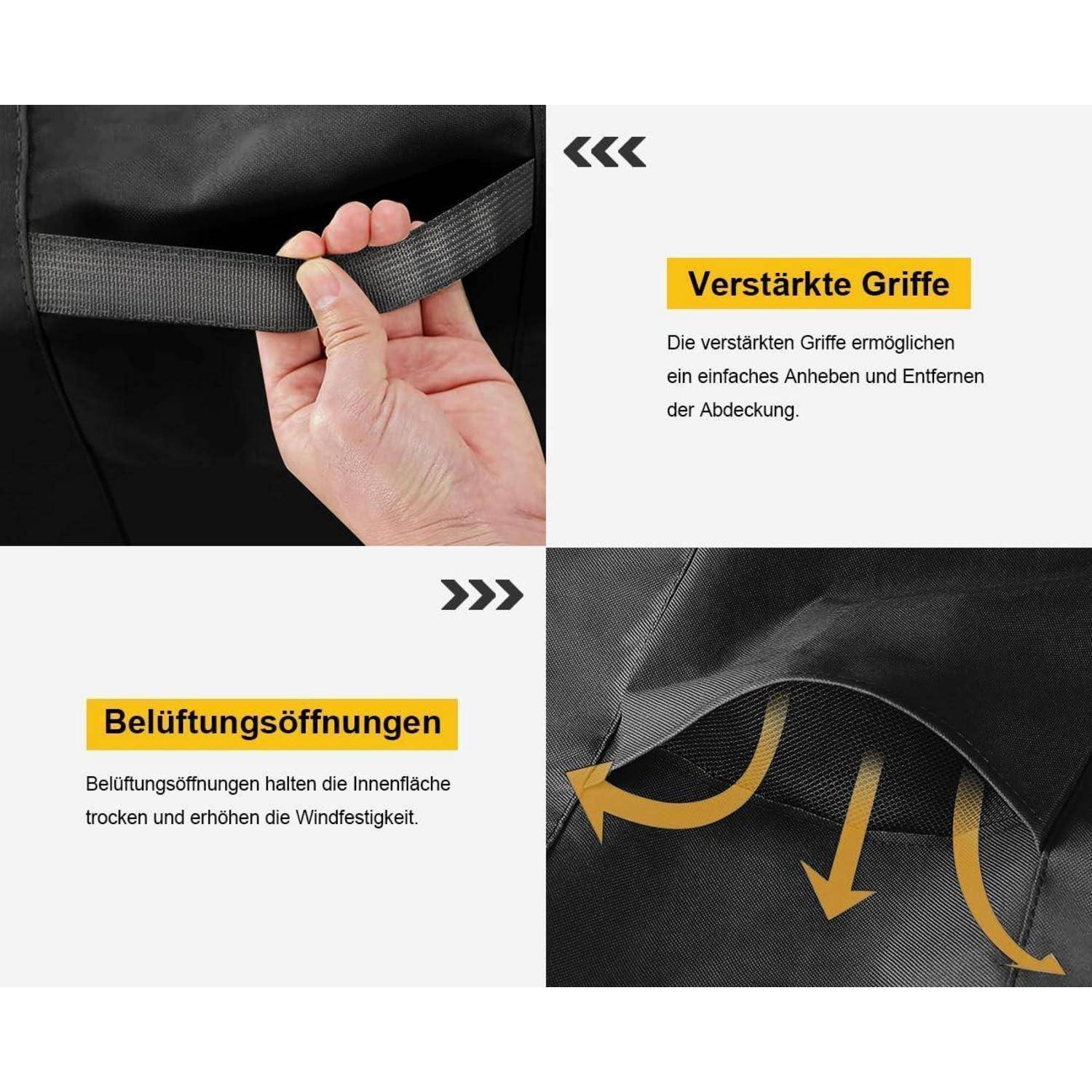 Das Bild zeigt eine Hand, die verstärkte Griffe auf einer Abdeckung hält, um sie leicht zu entfernen. Es verfügt über Belüftungsöffnungen, um das Innere trocken zu halten.