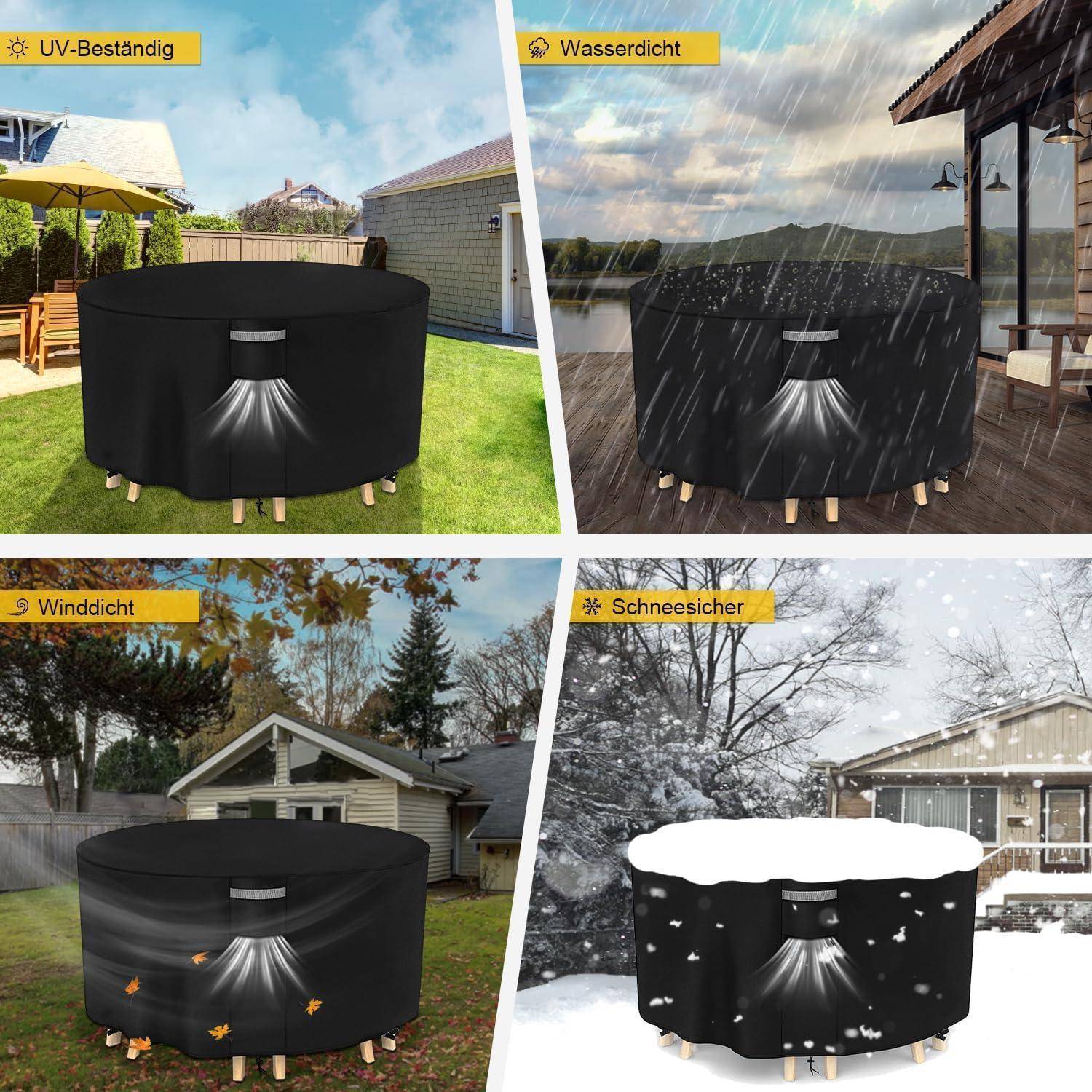 Vier Bilder zeigen eine Terrassentisch-Abdeckung in verschiedenen Zuständen: UV-beständig in der Sonne, wasserdicht im Regen, windbeständig im Wind, schneesicher im Schnee.