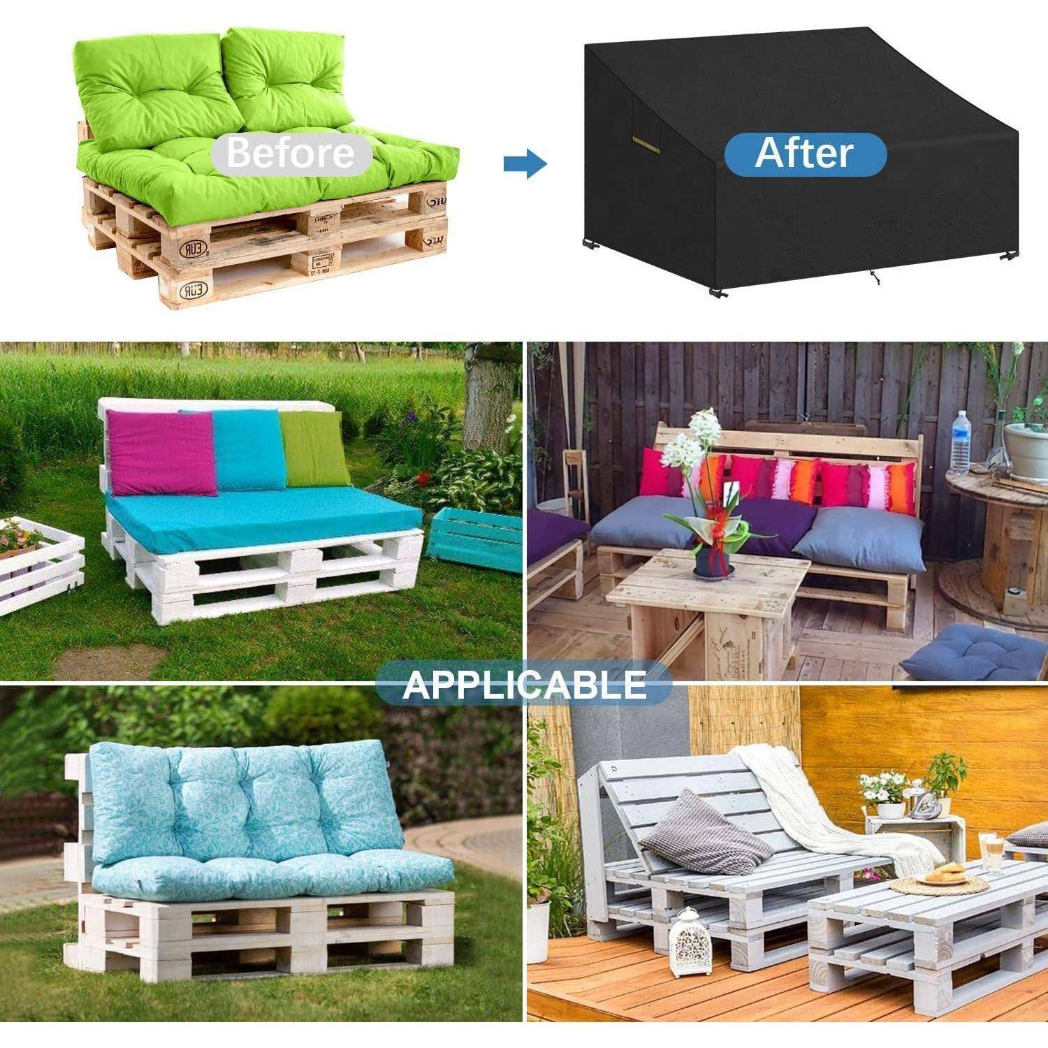 Outdoor-Möbel vor und nach der Abdeckung. 