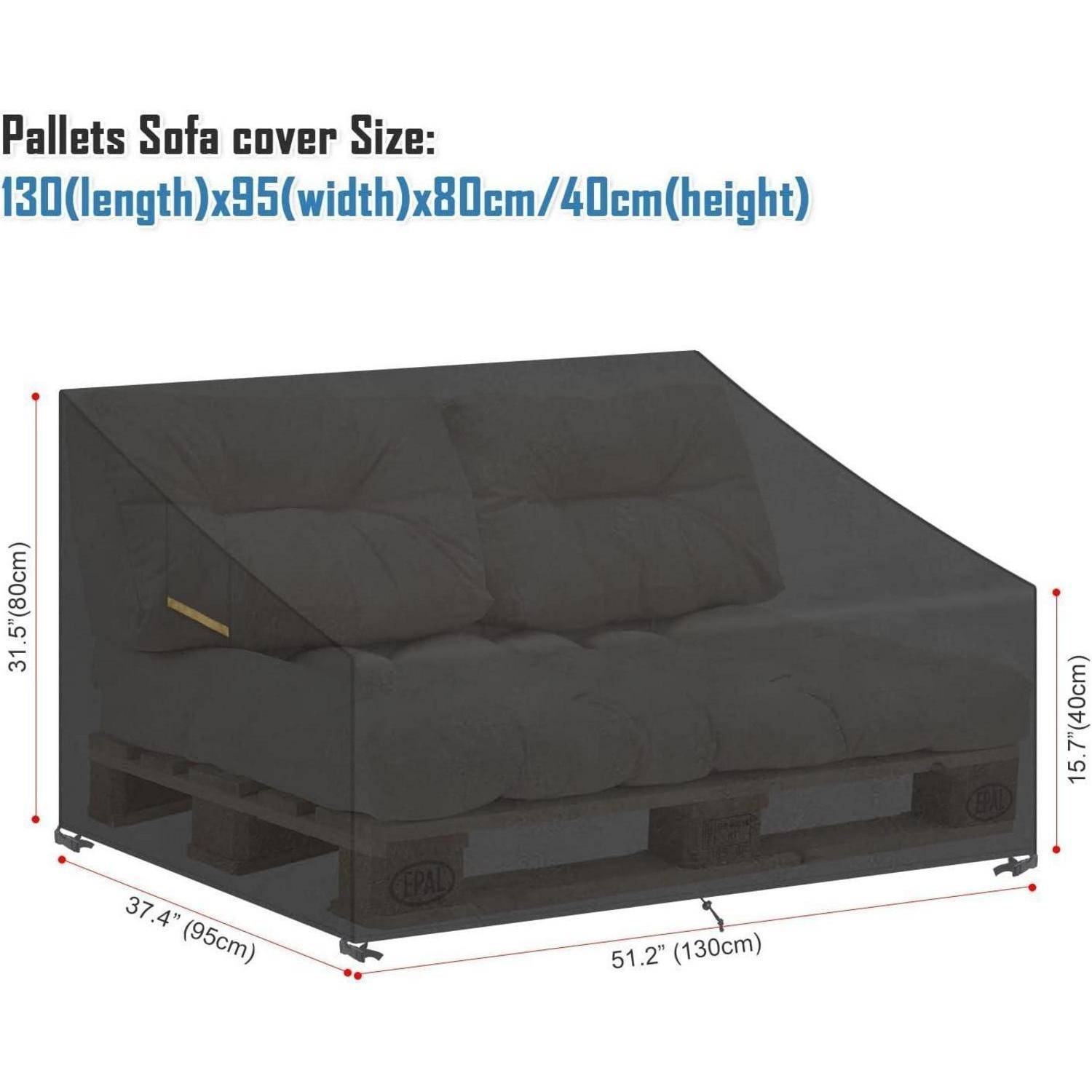 Sofabezug für Paletten: 130 cm Länge, 95 cm Breite, 80 cm/40 cm Höhe. Visuelle Anleitung mit Maßangaben und Passform.