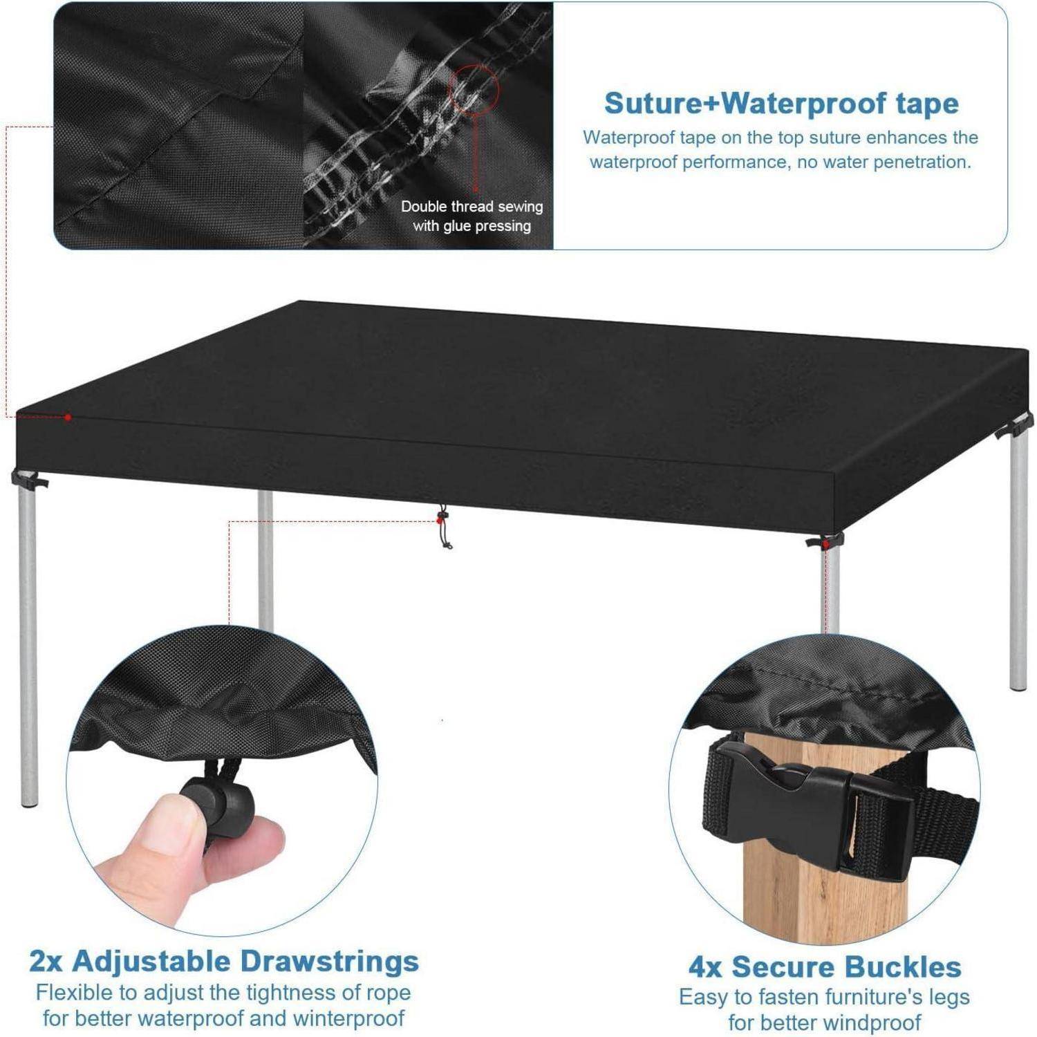 Rechteckige Möbelabdeckung mit wasserdichtem Band und Doppelnaht. Ausgestattet mit verstellbaren Kordelzügen und sicheren Schnallen für eine optimale Passform.