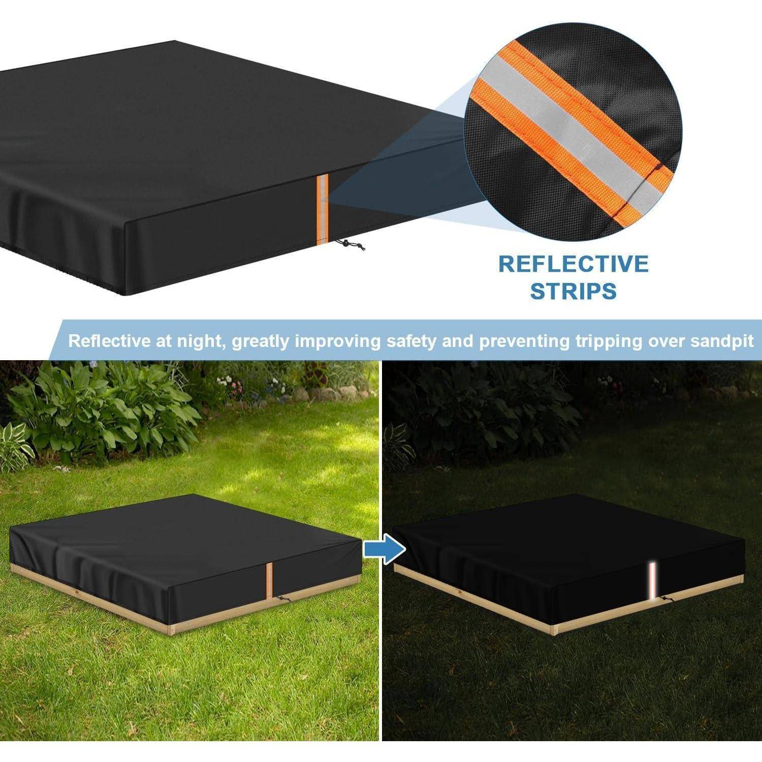 Sandkasten-Abdeckung mit reflektierenden Streifen zur Verbesserung der Sichtbarkeit und Sicherheit, die Stolpergefahr verhindert, insbesondere in der Nacht.