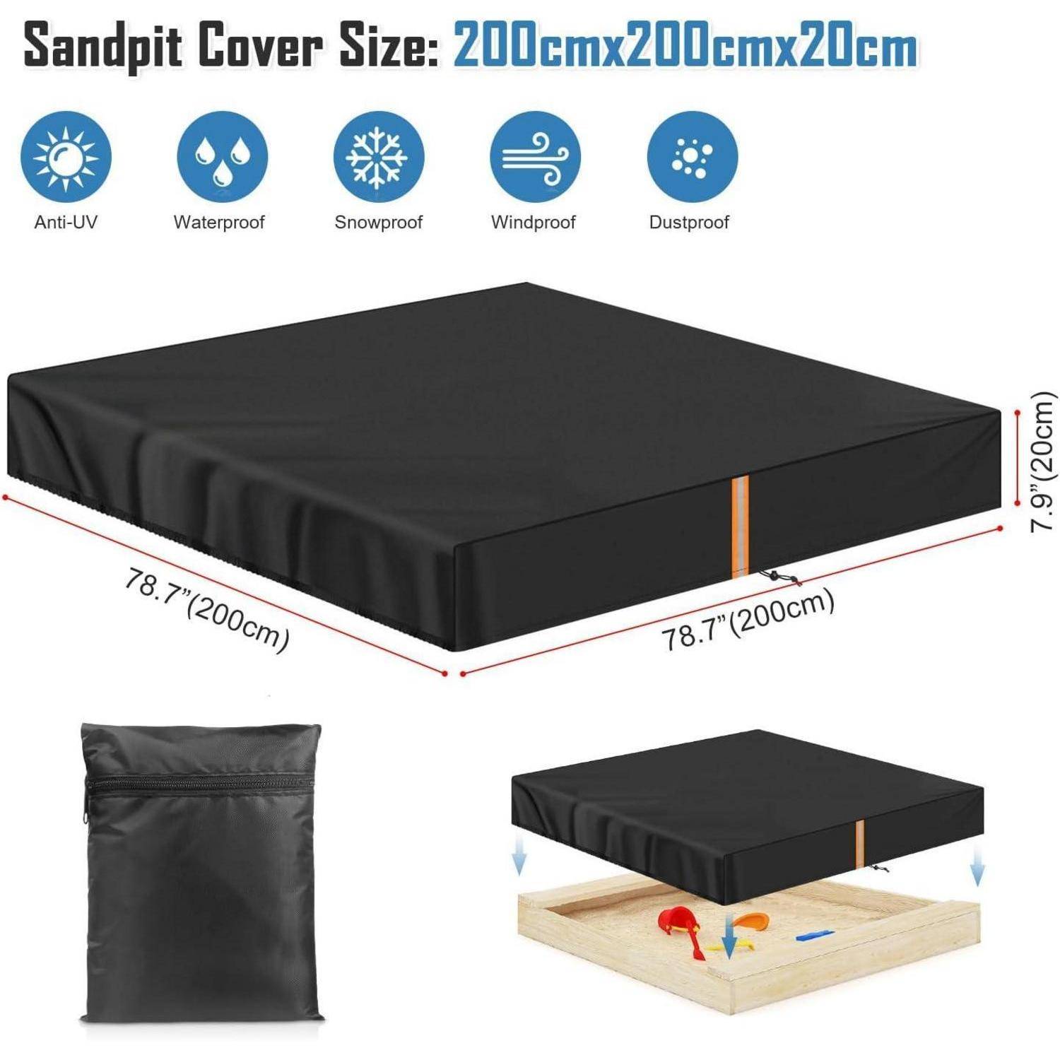 Schwarze Sandkastenabdeckung, Größe 200cm x 200cm x 20cm, mit Eigenschaften: UV-beständig, wasserdicht, schneefest, windbeständig, staubdicht. Inklusive Tasche.