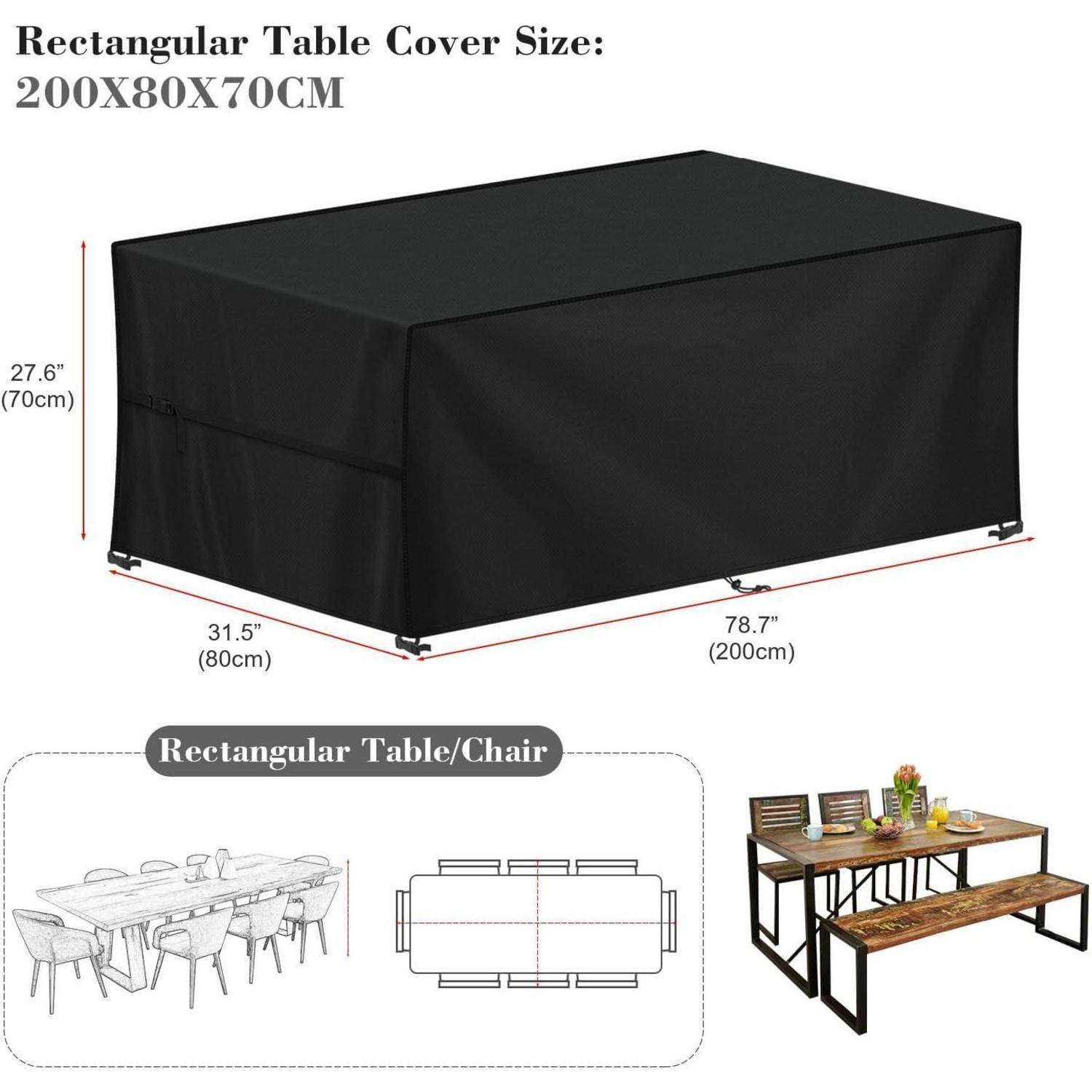 Rechteckige schwarze Tischdecke mit den Abmessungen 200x80x70 cm. Enthält eine Grafik, die zeigt, dass sie auf einen Tisch mit acht Stühlen passt.