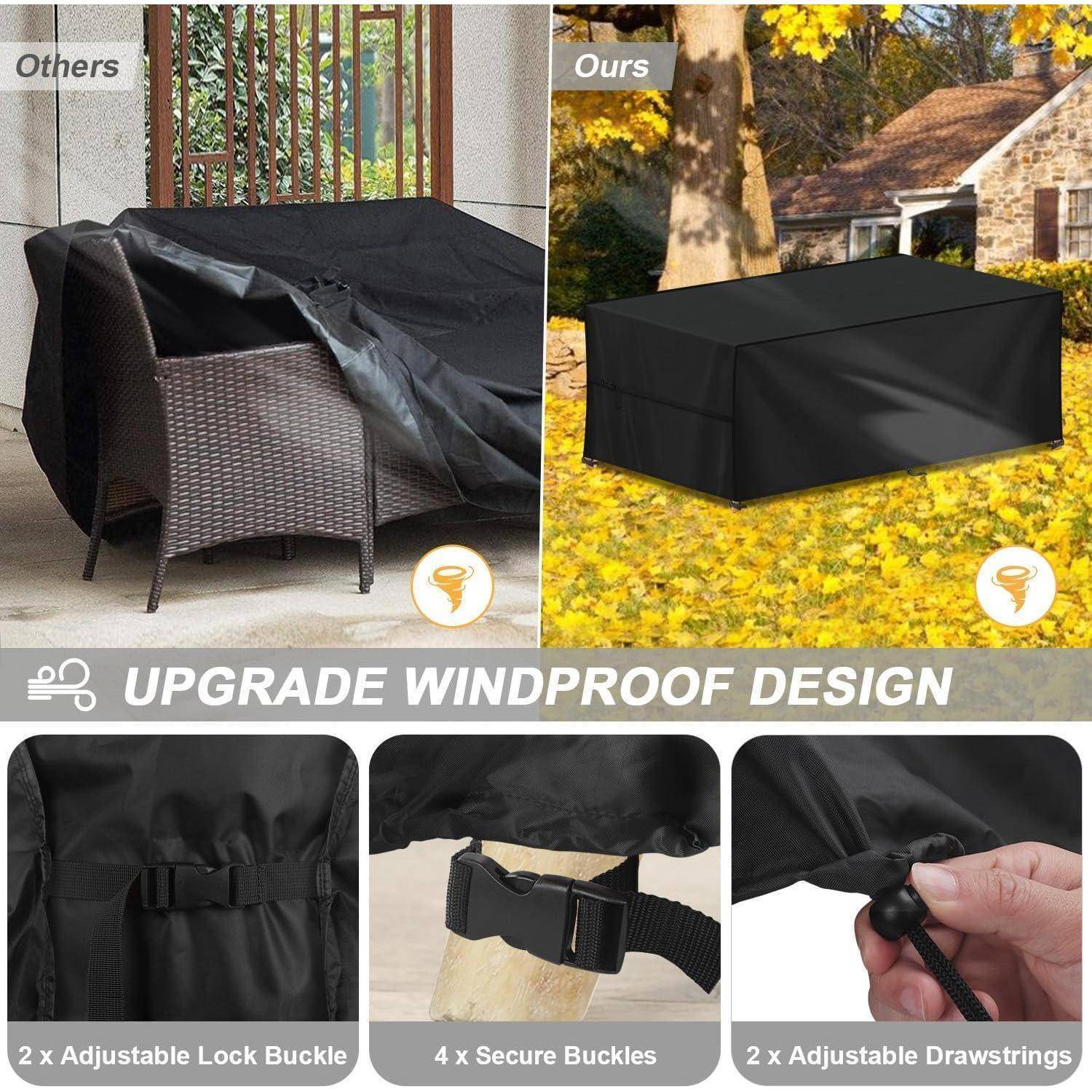 Outdoor-Möbelmöbel mit einem 'Upgrade Windproof Design', ausgestattet mit verstellbarer Verschlussspange, vier sicheren Schnallen und zwei Kordelzügen.