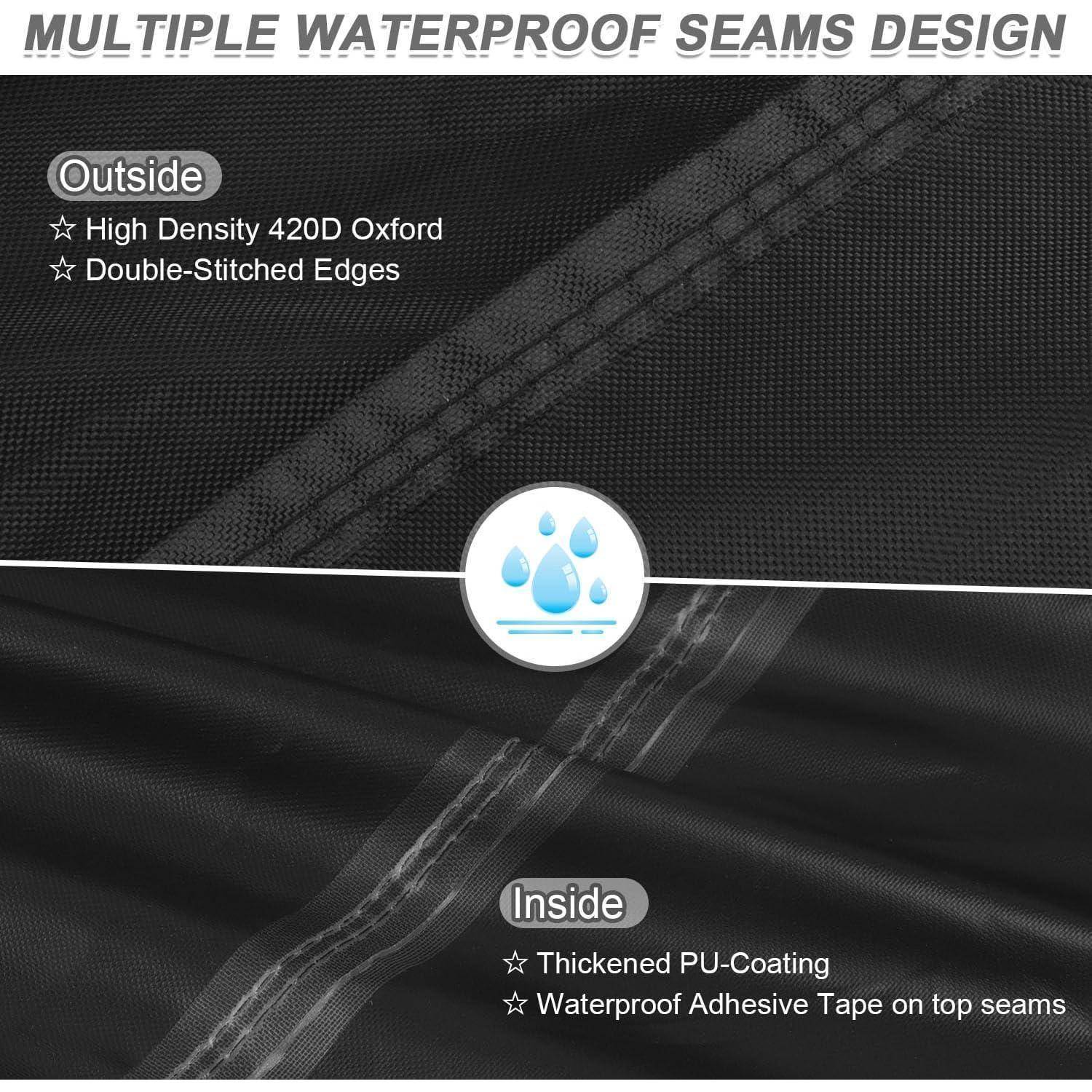 Design mit mehreren wasserdichten Nähten mit Eigenschaften: hochdichte 420D Oxford-Leinwand, doppelt genähte Kanten, verstärkte PU-Beschichtung, wasserdichtes Band.