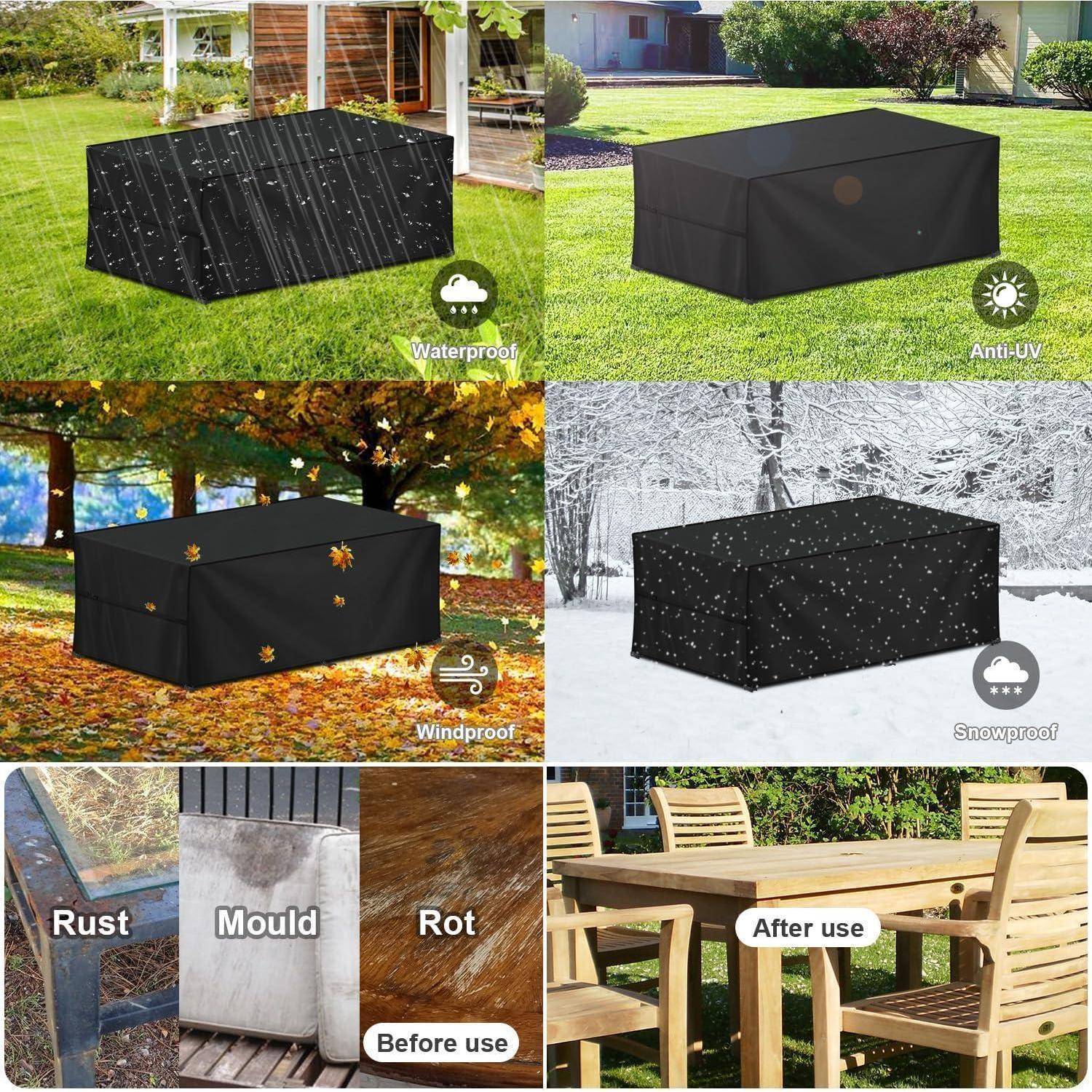 Outdoor-Möbelbezüge bei verschiedenen Wetterbedingungen: Regen, Sonne, Wind, Schnee. Vorher- und Nachher-Bilder zeigen Schutz gegen Rost, Schimmel und Fäulnis.