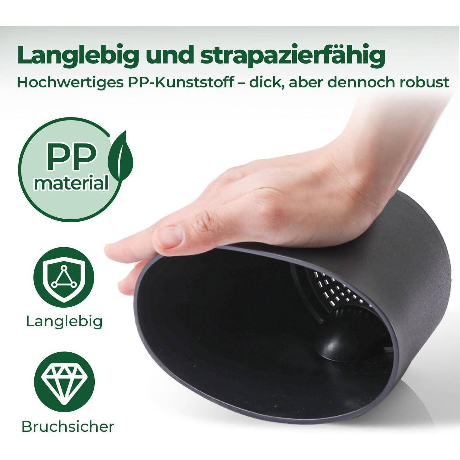 Eine Hand drückt auf einen schwarzen Gegenstand, der als widerstandsfähig und robust beschrieben wird, gefertigt aus hochwertigem PP-Kunststoff, wodurch seine Solidität unterstrichen wird.