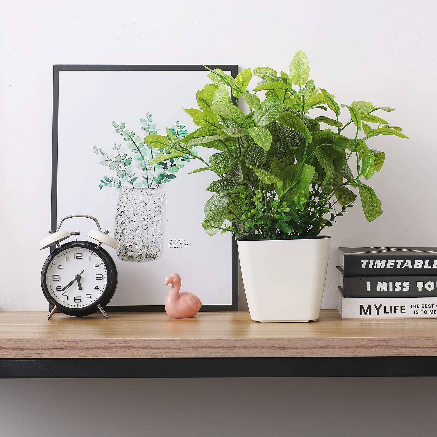 Ein Regal trägt eine gerahmte Pflanzenillustration, eine Topfpflanze, einen Wecker, eine kleine rosa Entenfigur und Bücher, darunter eines mit dem Titel „FAHRPLAN, ICH VERMISSE DICH