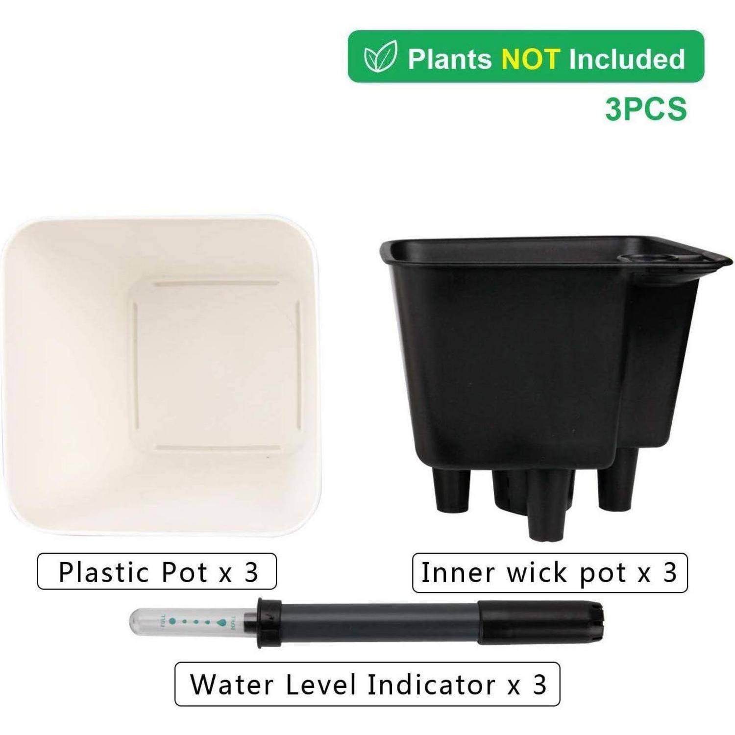Set enthält 3 Plastiktöpfe, 3 innere Docht-Einsätze und 3 Wasserstandsanzeiger. Hinweis: Pflanzen nicht im Lieferumfang enthalten.