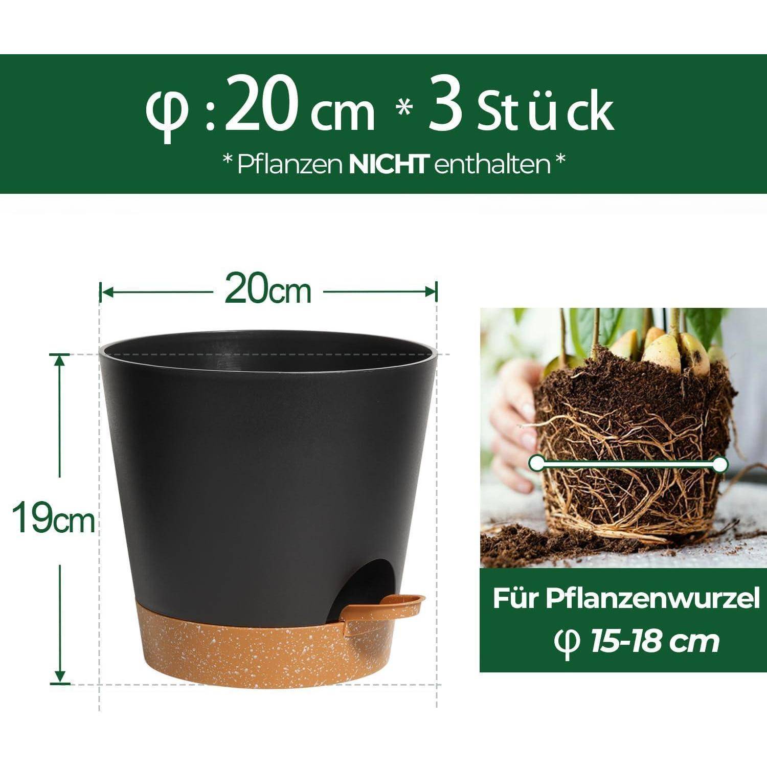 Selbstbewässernder Kunststoff Blumentopf-Set 20cm Schwarz 3er-Set