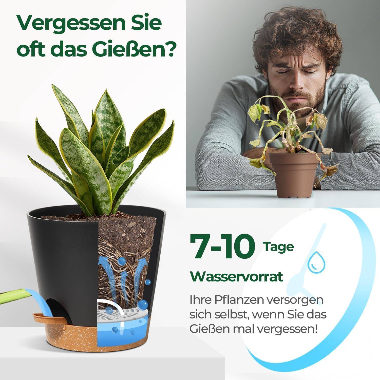 Selbstbewässernder Kunststoff Blumentopf-Set 20cm Schwarz 3er-Set