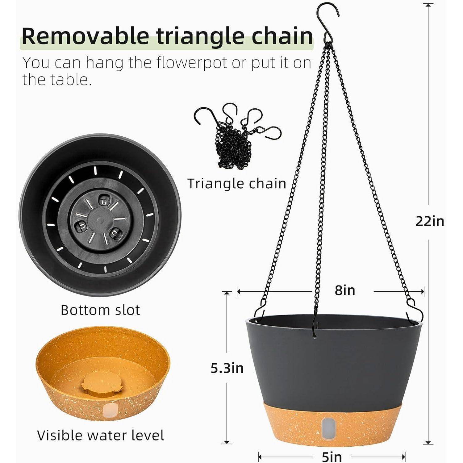 Abnehmbares Dreiecksgestell: Sie können den Blumentopf aufhängen oder auf den Tisch stellen. Bodenschlitz mit sichtbarem Wasserstand. Abmessungen: 8 Zoll Breite, 5,3 Zoll Höhe, 22 Zoll Kettenlänge.