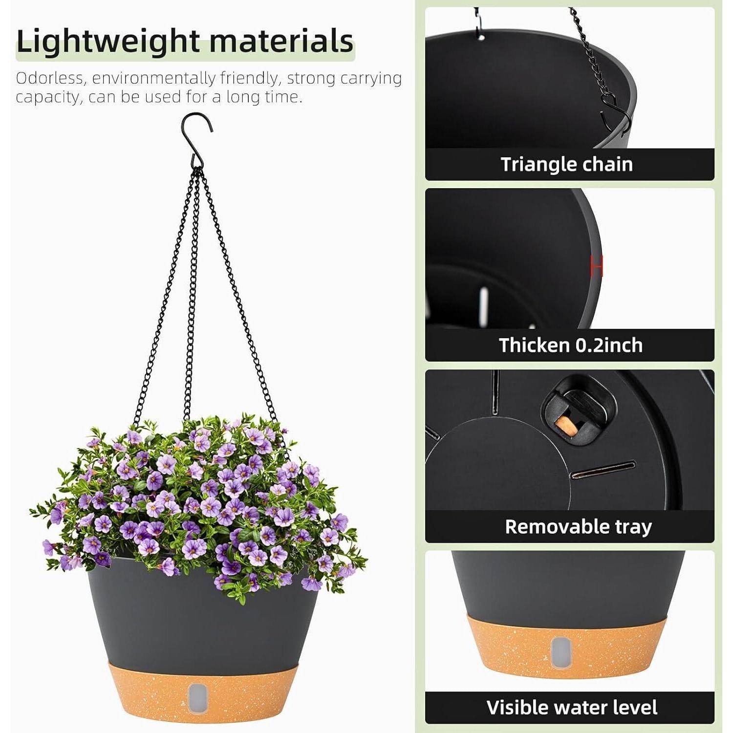 Hängetopf mit violetten Blumen; Merkmale umfassen Dreieckskette, 0,2 Zoll dicke Wände, herausnehmbaren Tablett und sichtbaren Wasserstand.