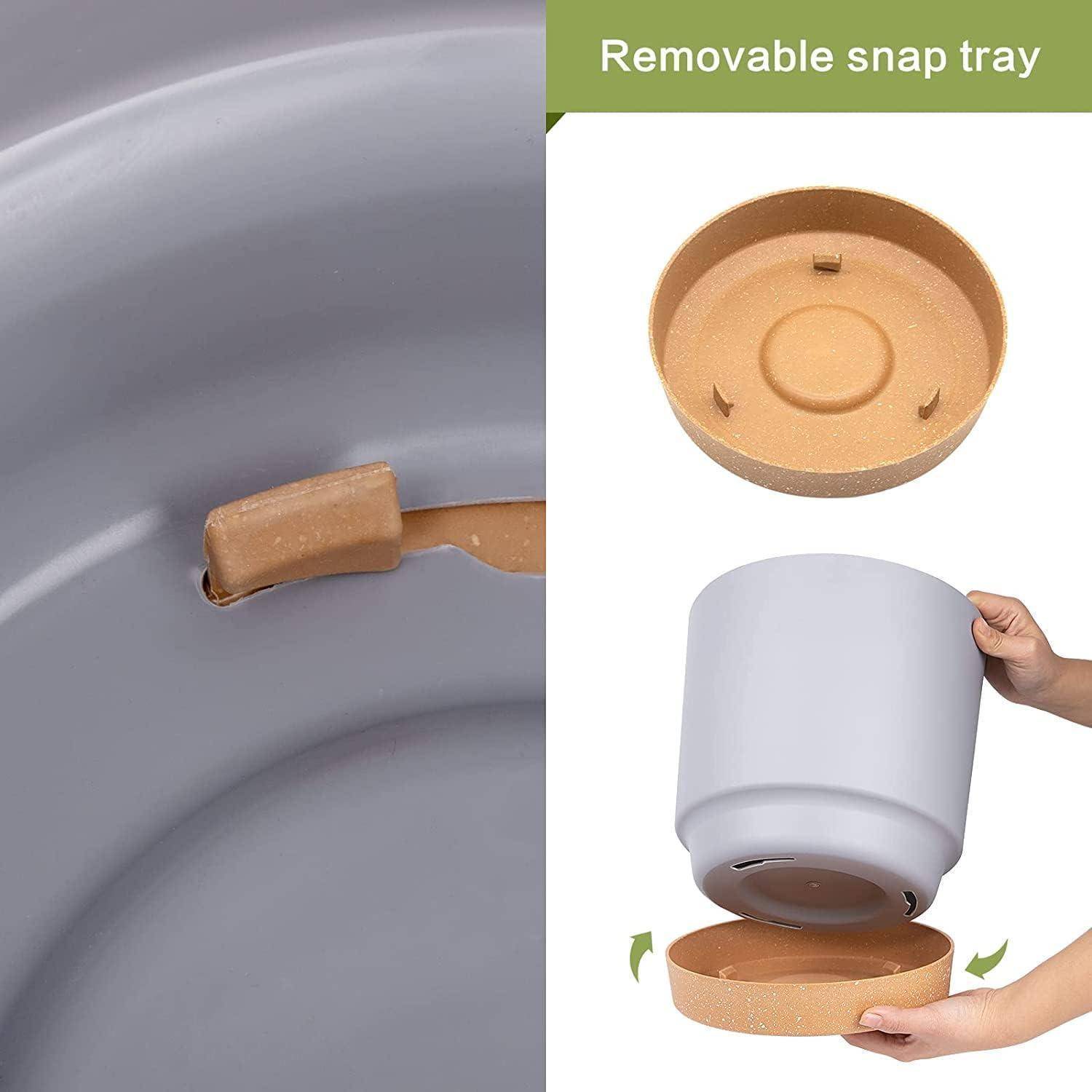 Eine abnehmbare Schnappschale, die unter einem grauen Pflanzgefäß gezeigt wird, veranschaulicht ihre einfache Abtrennbarkeit. Eine Nahaufnahme verdeutlicht die sicheren Befestigungspunkte.