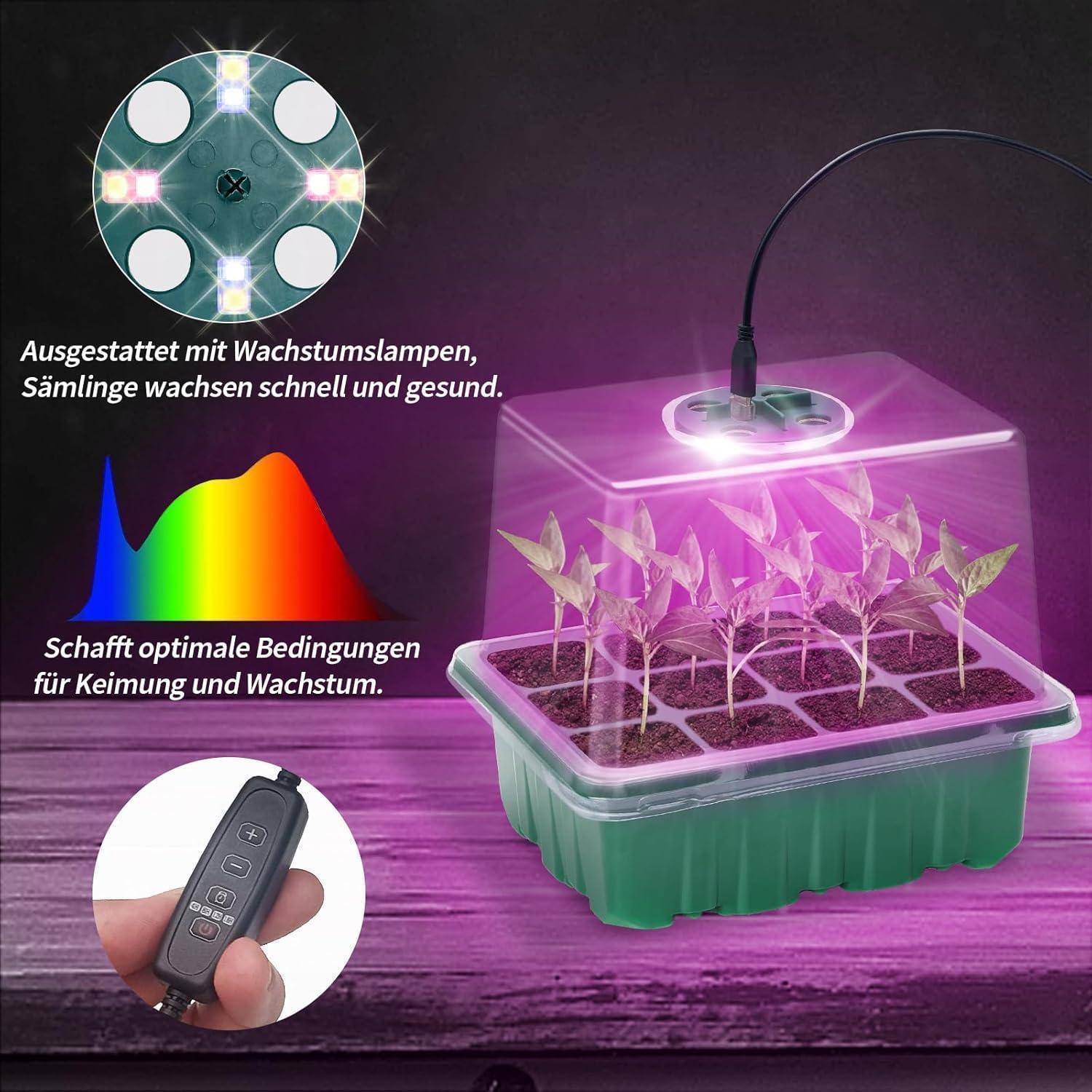 Jungpflanzen unter einer transparenten Abdeckung mit LED-Wachstumslicht darüber. Ein Controller wird gezeigt, der einstellbare Lichteinstellungen hervorhebt. Der deutsche Text diskutiert Wachstumsbedingungen.