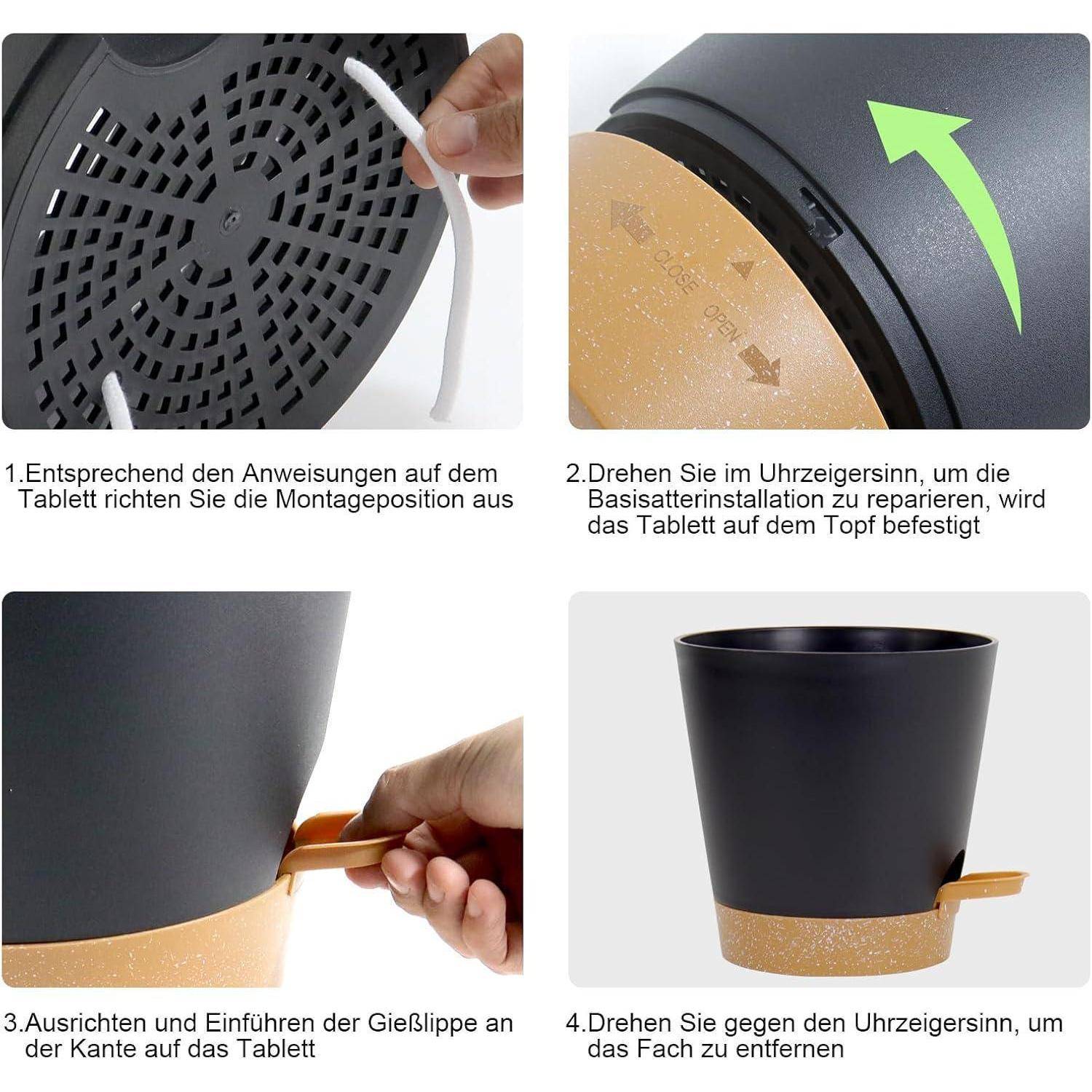 Vier-Schritt-Anleitung zum Zusammenbau eines Topfes: 1. Richten Sie die Tablette wie gezeigt aus. 2. Drehen Sie im Uhrzeigersinn, um zu befestigen. 3. Setzen Sie den Ausguss ein. 4. Drehen Sie gegen den Uhrzeigersinn zum Entfernen.