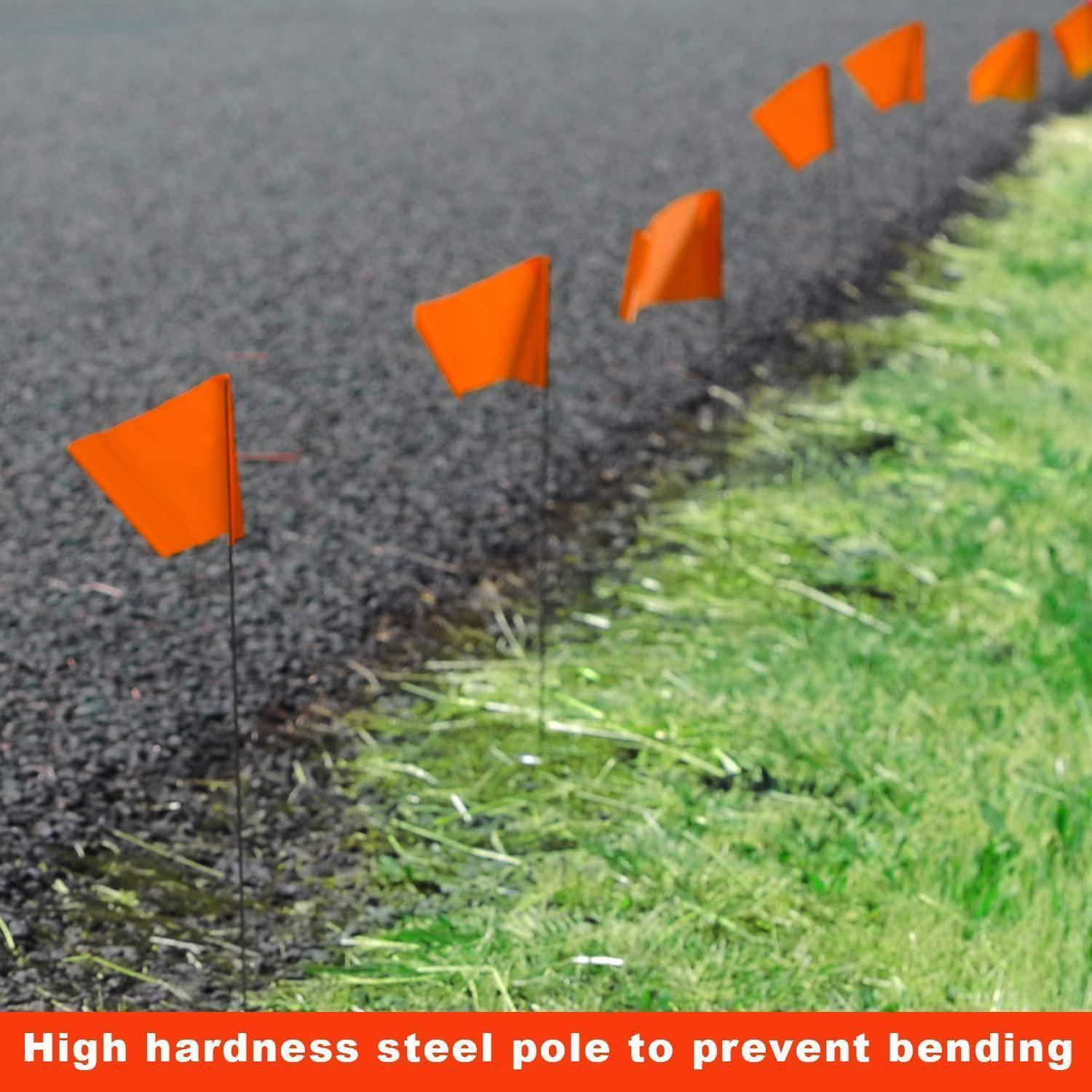 Orange Fahnen an Stahlstangen säumen den Rand einer asphaltierten Straße, mit grünem Gras an der Seite. Text am unteren Rand liest: 