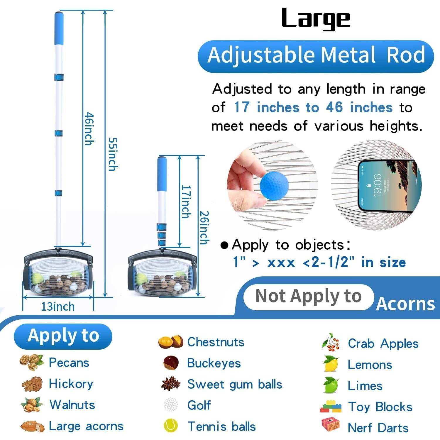Verstellbare Metallstange zum Sammeln von Objekten wie Pecannüssen und Golfbällen, Höhe verstellbar von 17 bis 46 Zoll. Nicht geeignet für Eicheln.
