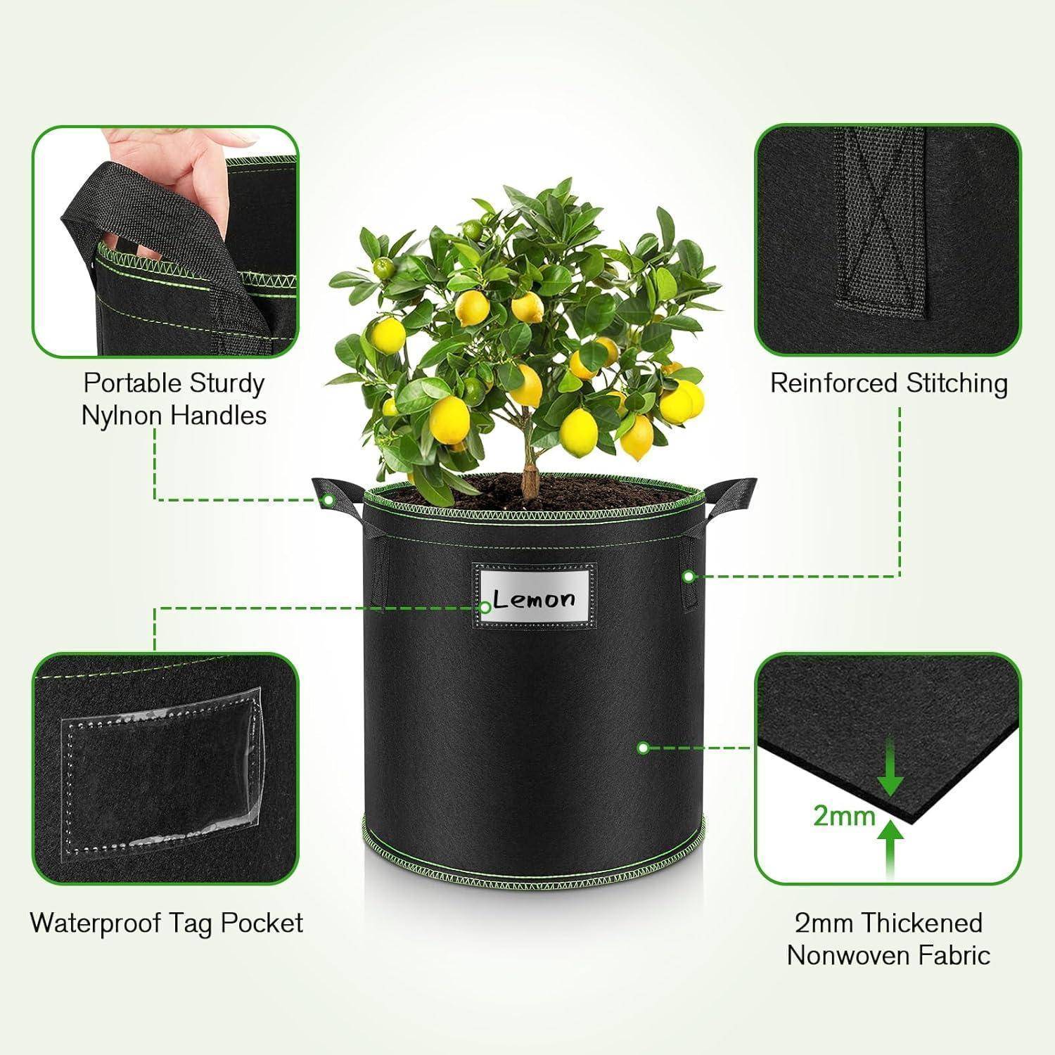 Grow-Bag für Zitronenbaum, Merkmale hervorgehoben: tragbare, robuste Nylongriffe, verstärkte Nähte, 2 mm verstärkter Stoff, wasserdichter Etikett-Einschub.
