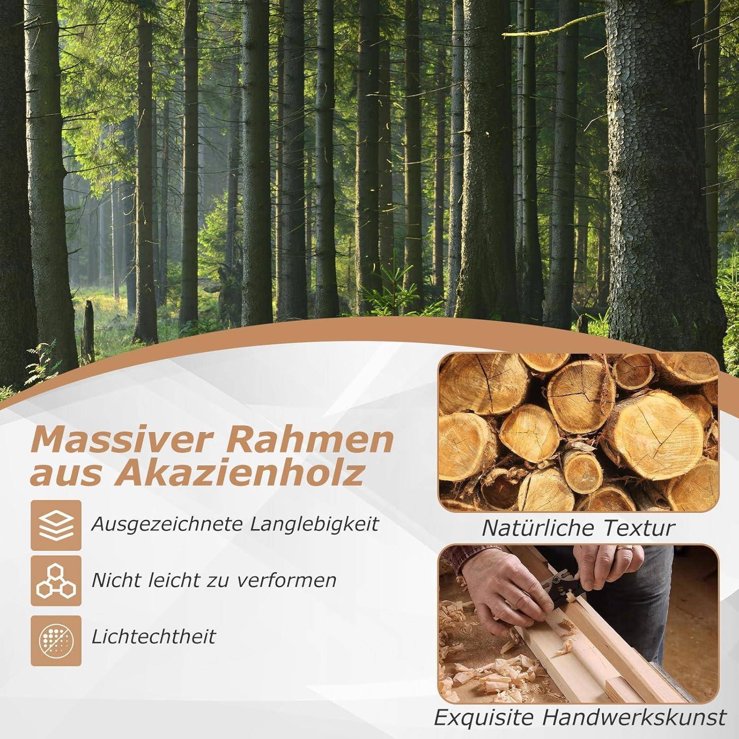 Waldszene mit Text: 'Massiver Rahmen aus Akazienholz', der die Haltbarkeit, Naturstruktur und Handwerkskunst im Holzhandwerk hervorhebt.