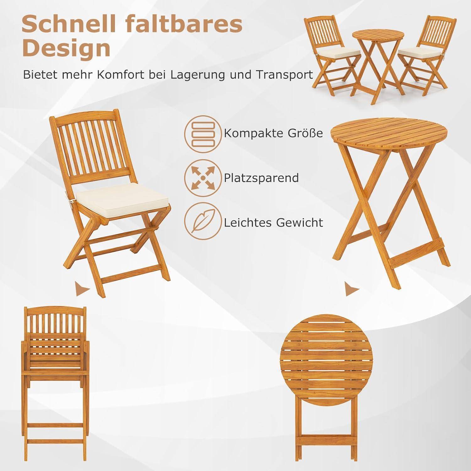 Klappstühle und Tischset mit Kissen. Merkmale: kompakte Größe, platzsparend, leicht. Text auf Deutsch betont die Transportfähigkeit.