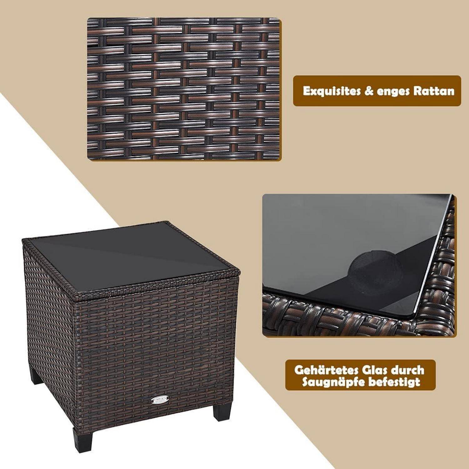 Exquisites & enges Rattan' und 'Gehärtetes Glas durch Saugnäpfe befestigt.' Bild eines Rattanbeistelltisches mit Glasplatte.