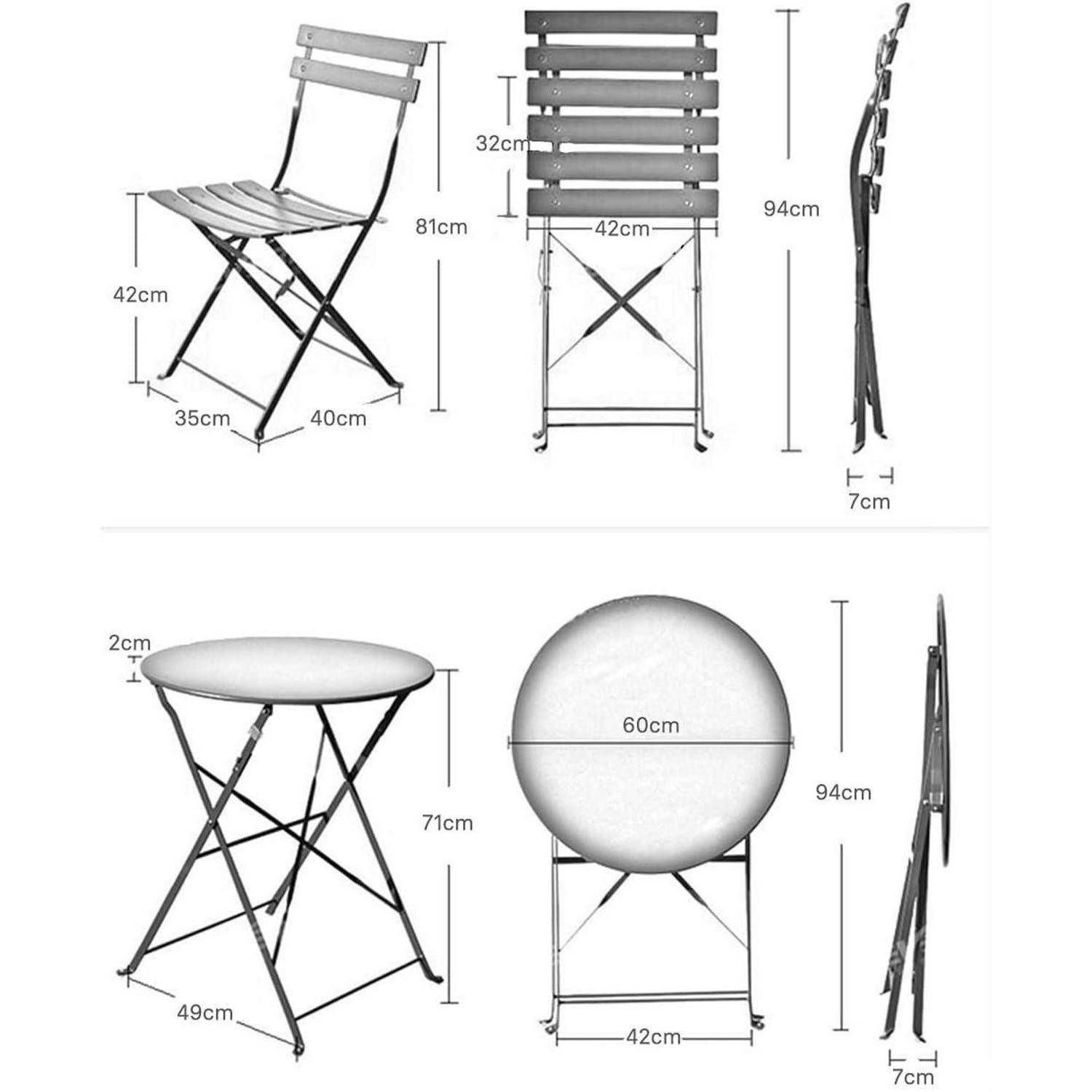 Diagramm eines faltbaren Stuhls und Tisches mit Maßen: Stuhl ist 81 cm hoch, 42 cm breit, 40 cm tief; Tisch ist 71 cm hoch, 60 cm Durchmesser.