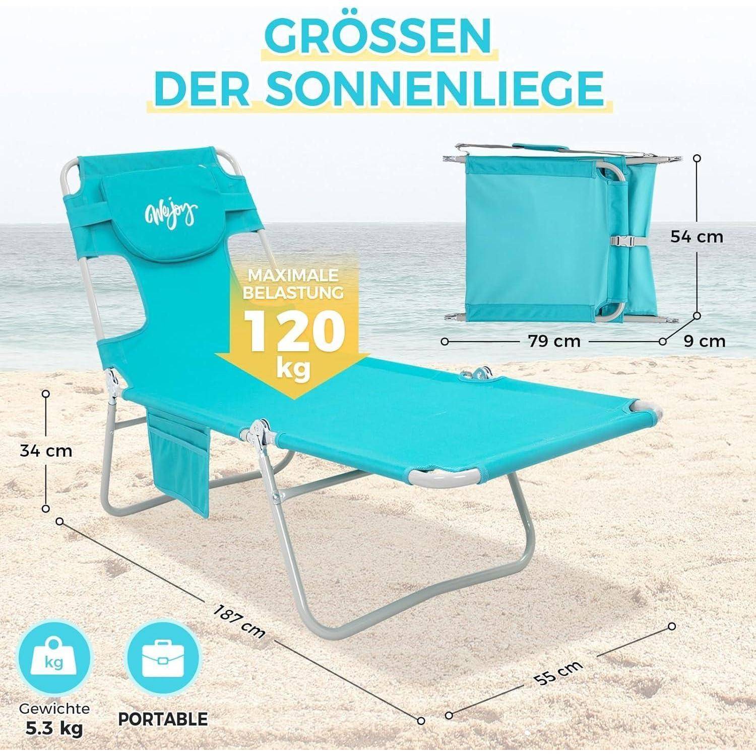Blauer Klappbarer Strandstuhl mit Kopfstütze und Seitentasche, Maße angegeben: 187 cm Länge, 59 cm Breite, 34 cm Höhe, maximale Belastung 120 kg.
