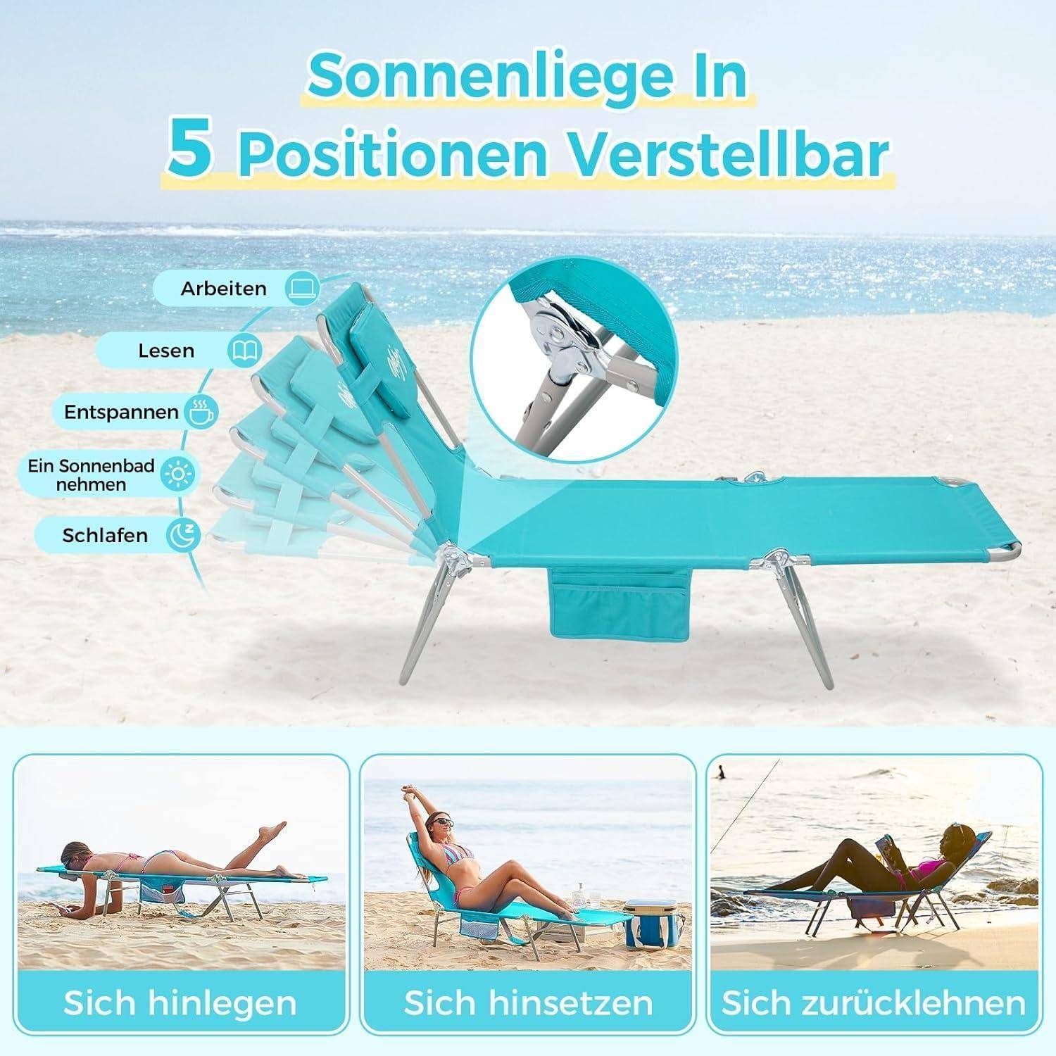 Sonnenliege mit türkisfarbenem Kissen am Strand, verstellbar in 5 Positionen zum Arbeiten, Lesen, Entspannen, Sonnenbaden und Schlafen.