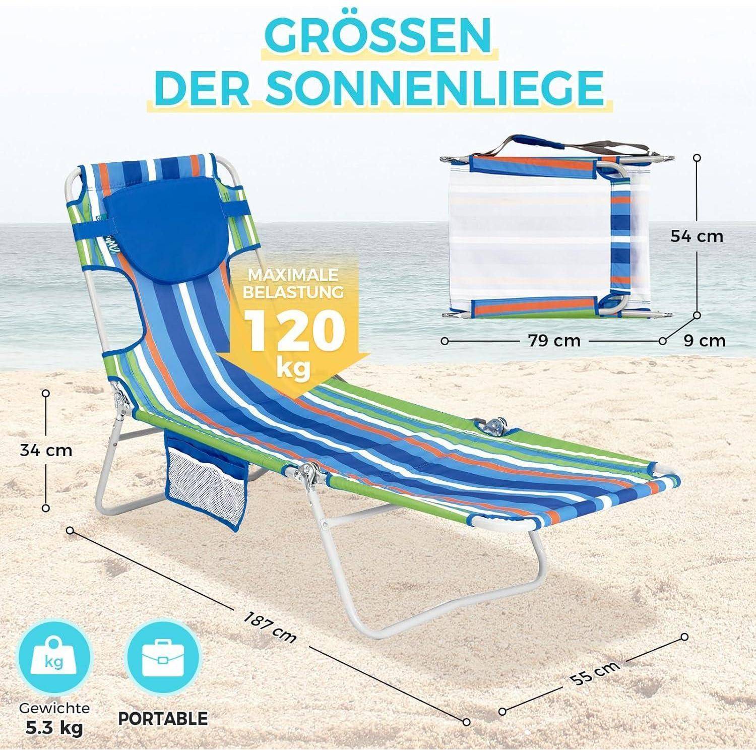 Ein gestreifter tragbarer Sonnenliege am Strand mit Maßen: 187 cm lang, 54 cm hoch, 79 cm breit. Maximale Belastung 120 kg. Gewicht 5,3 kg.