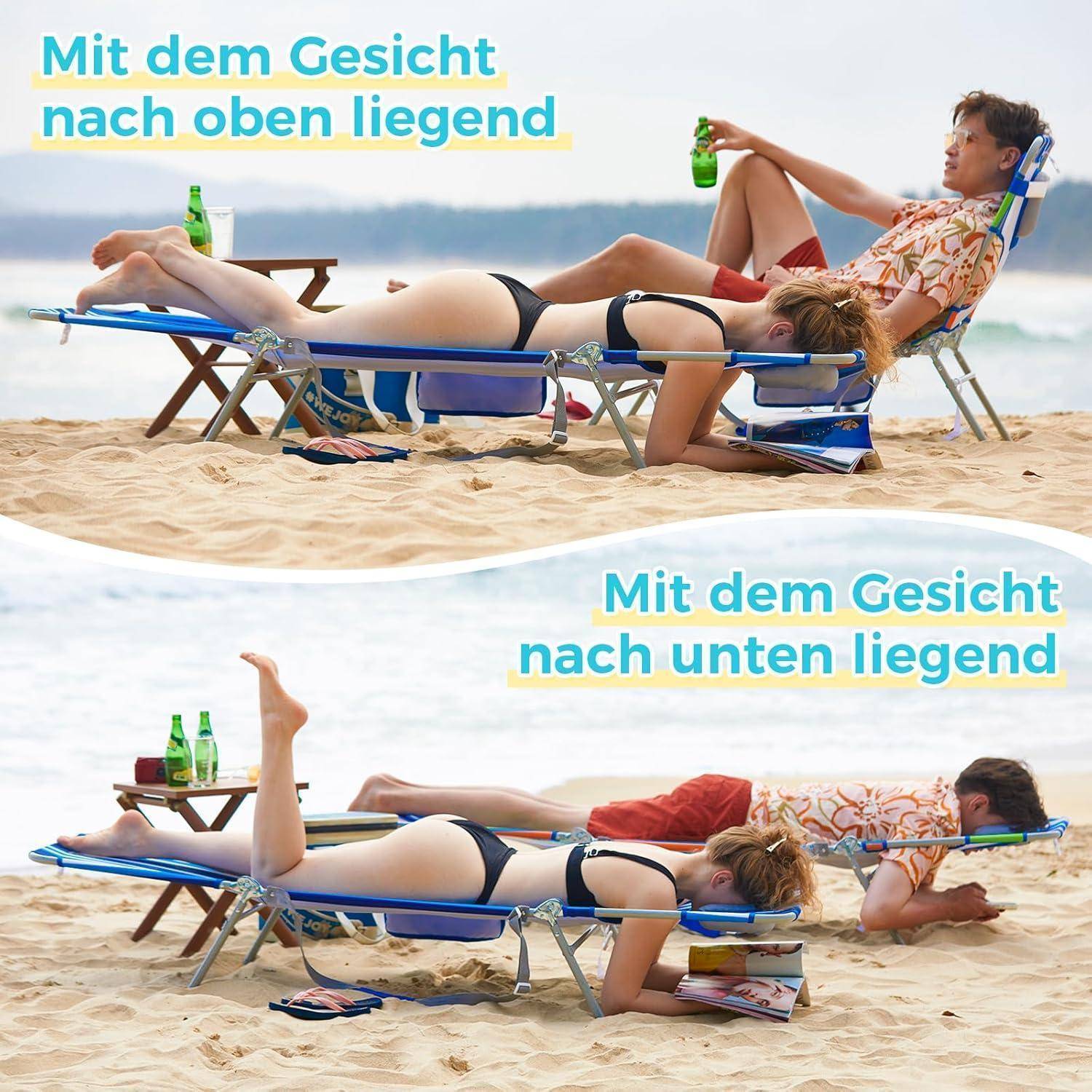 Zwei Bilder zeigen einen Mann und eine Frau auf Liegestühlen. Oben: auf dem Rücken liegend, lesend und trinkend. Unten: auf dem Bauch liegend, immer noch beschäftigt.