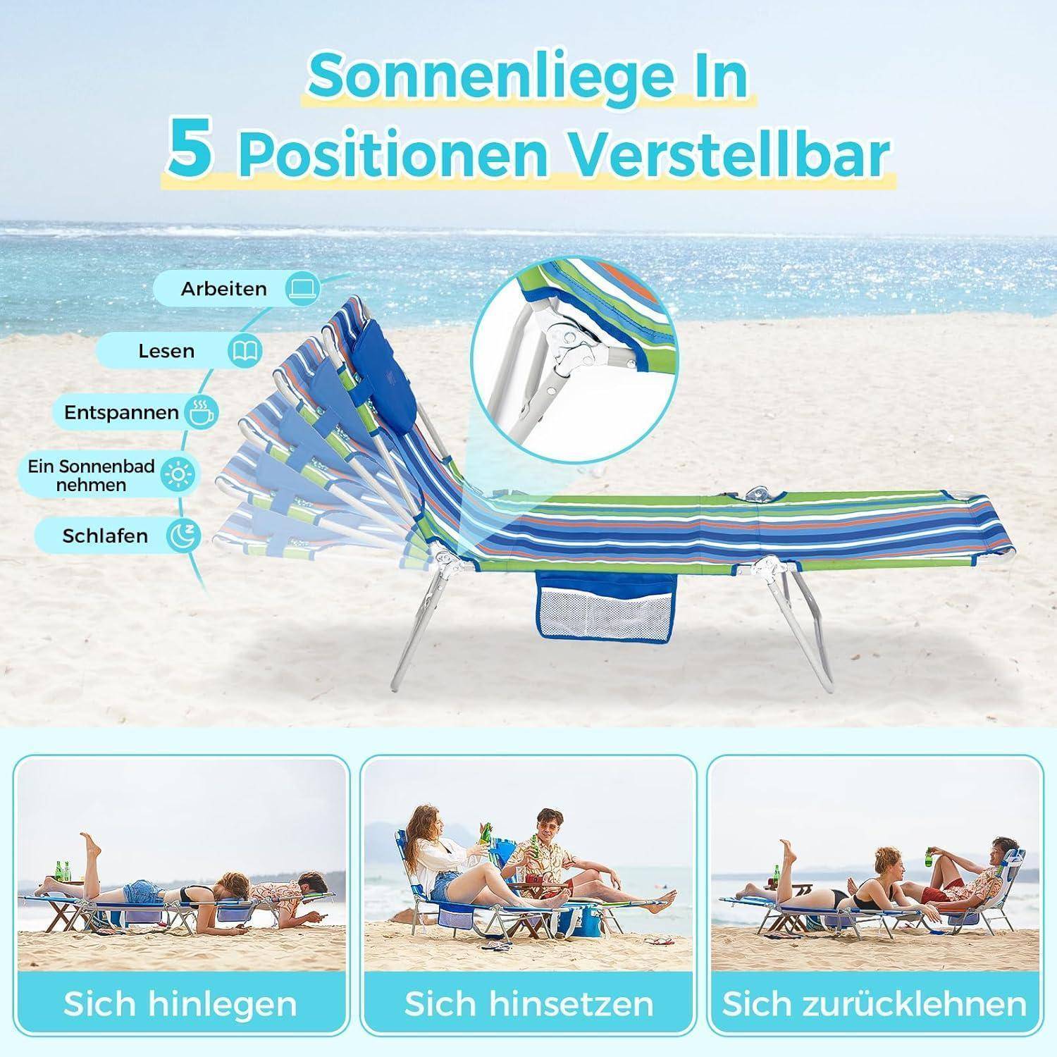 Strandliege mit verstellbarer Rückenlehne in fünf Positionen. Symbole veranschaulichen Nutzungsmöglichkeiten: Arbeiten, Lesen, Entspannen, Sonnenbaden, Schlafen.