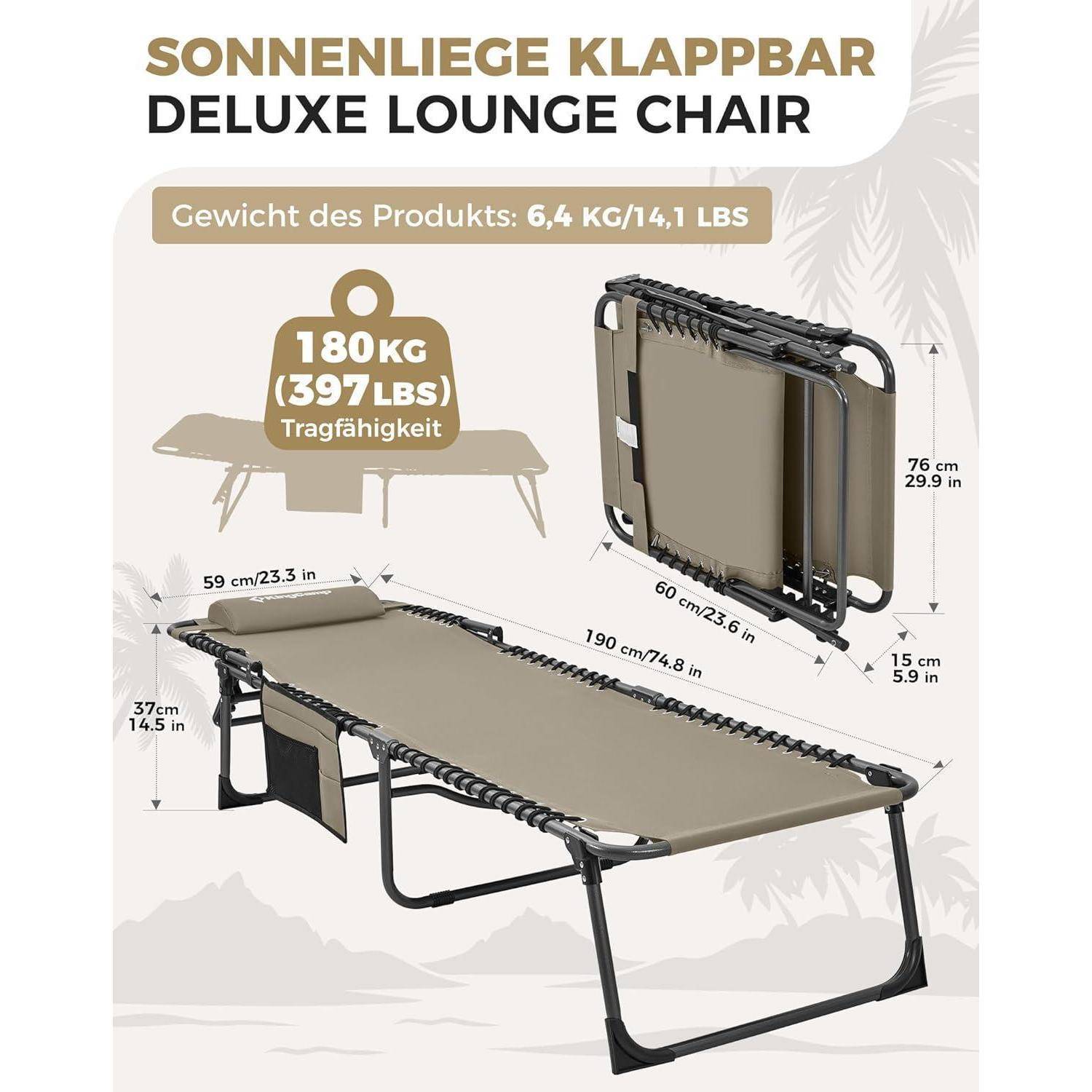 Campingliege klappbar 5-Stufig verstellbar mit Kopfkissen Gartenliege