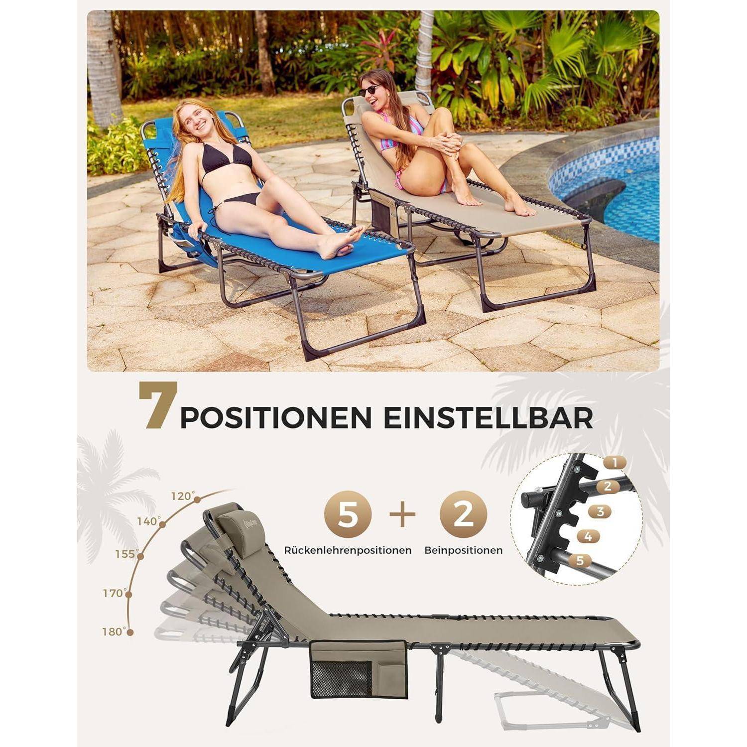 Zwei Frauen entspannen sich auf verstellbaren Liegestühlen neben einem Pool. Das Bild hebt die Stuhlmerkmale mit '7 Positionen Einstellbar' und Neigungswinkeln hervor.
