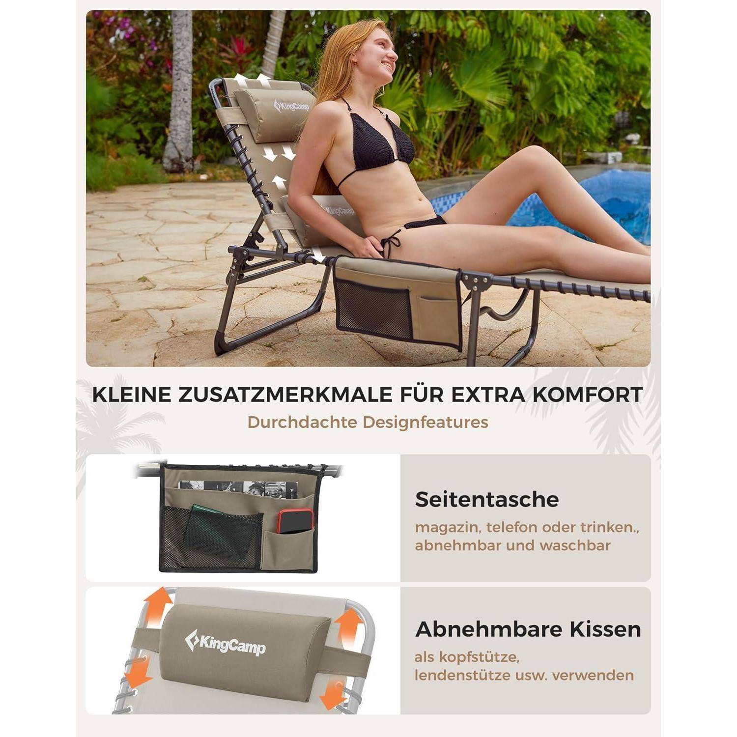 Eine Frau entspannt sich auf einem Liegestuhl mit Seitentaschen und abnehmbaren Kissen der Marke „KingCamp