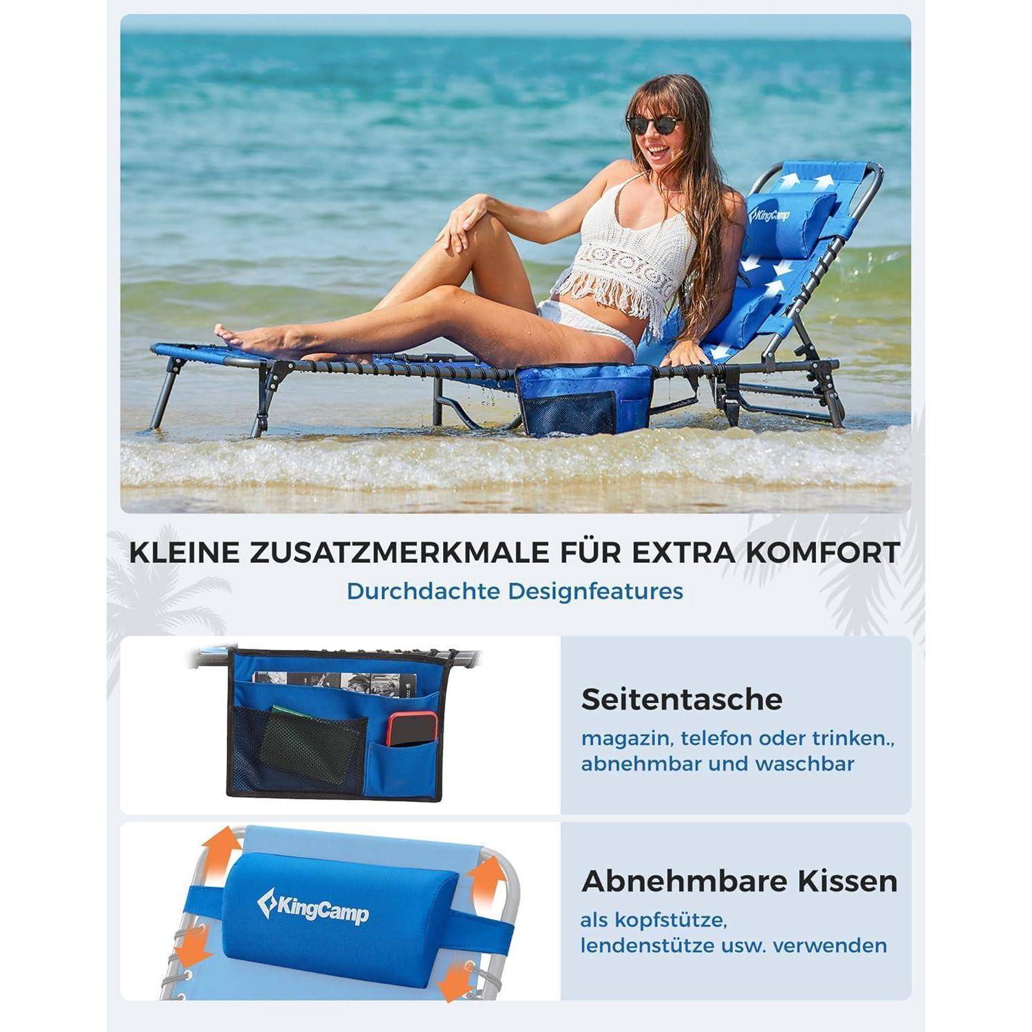 Eine Frau entspannt sich auf einem Liegestuhl am Wassersaum. Zu den Merkmalen gehören eine 'Seitentasche' zur Aufbewahrung und 'Abnehmbare Kissen' für Komfort.
