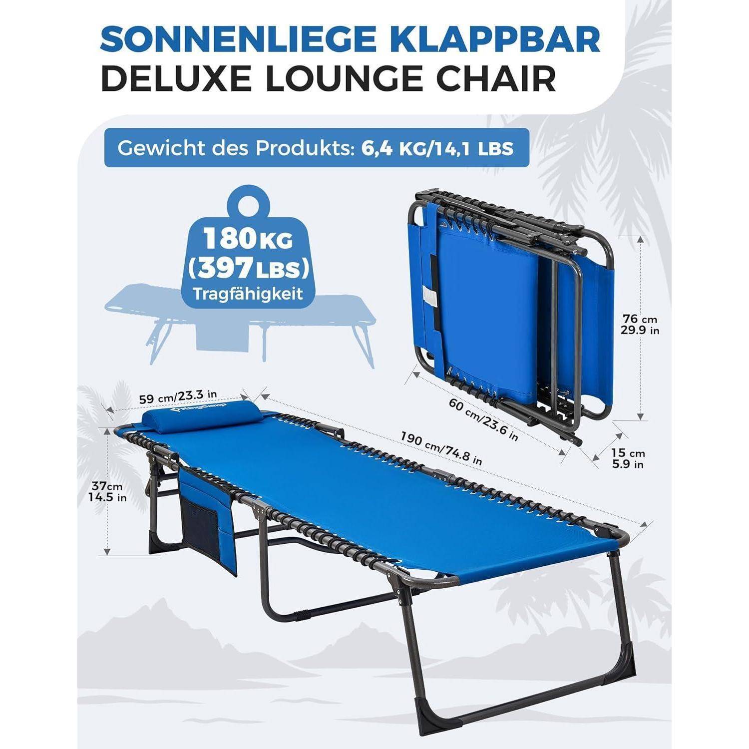 Das Bild zeigt einen blauen Klapp-Liegestuhl mit folgenden Abmessungen: 6,4 kg Gewicht, 180 kg Tragfähigkeit. Maße: 70 cm Höhe, 60 cm Breite, 190 cm Länge.