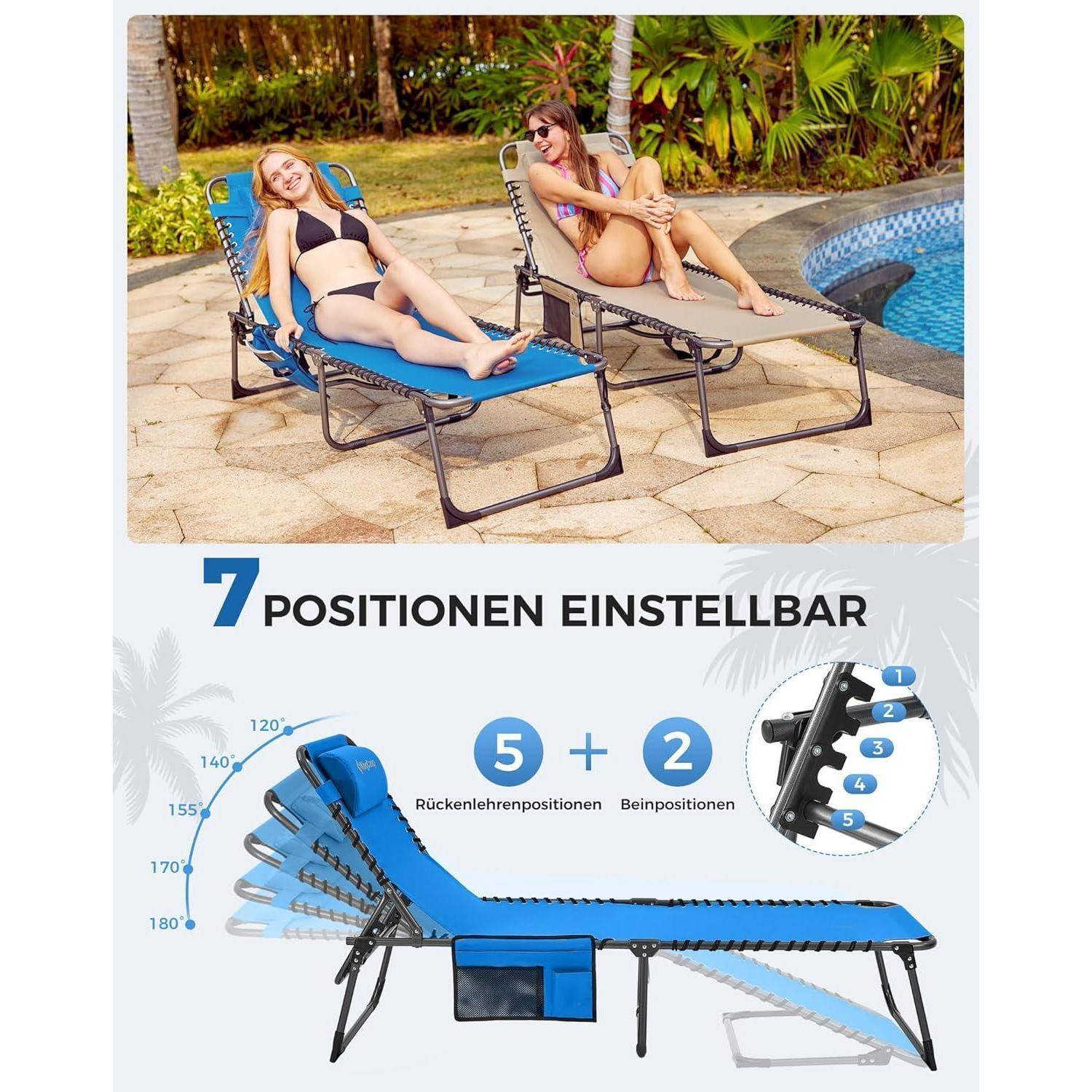 Zwei Frauen entspannen auf verstellbaren Liegestühlen am Pool. Das Bild hebt einen blauen Stuhl mit verstellbarer Rückenlehne und Fußstütze hervor. Der Text lautet „7 Positionen Einstellbar