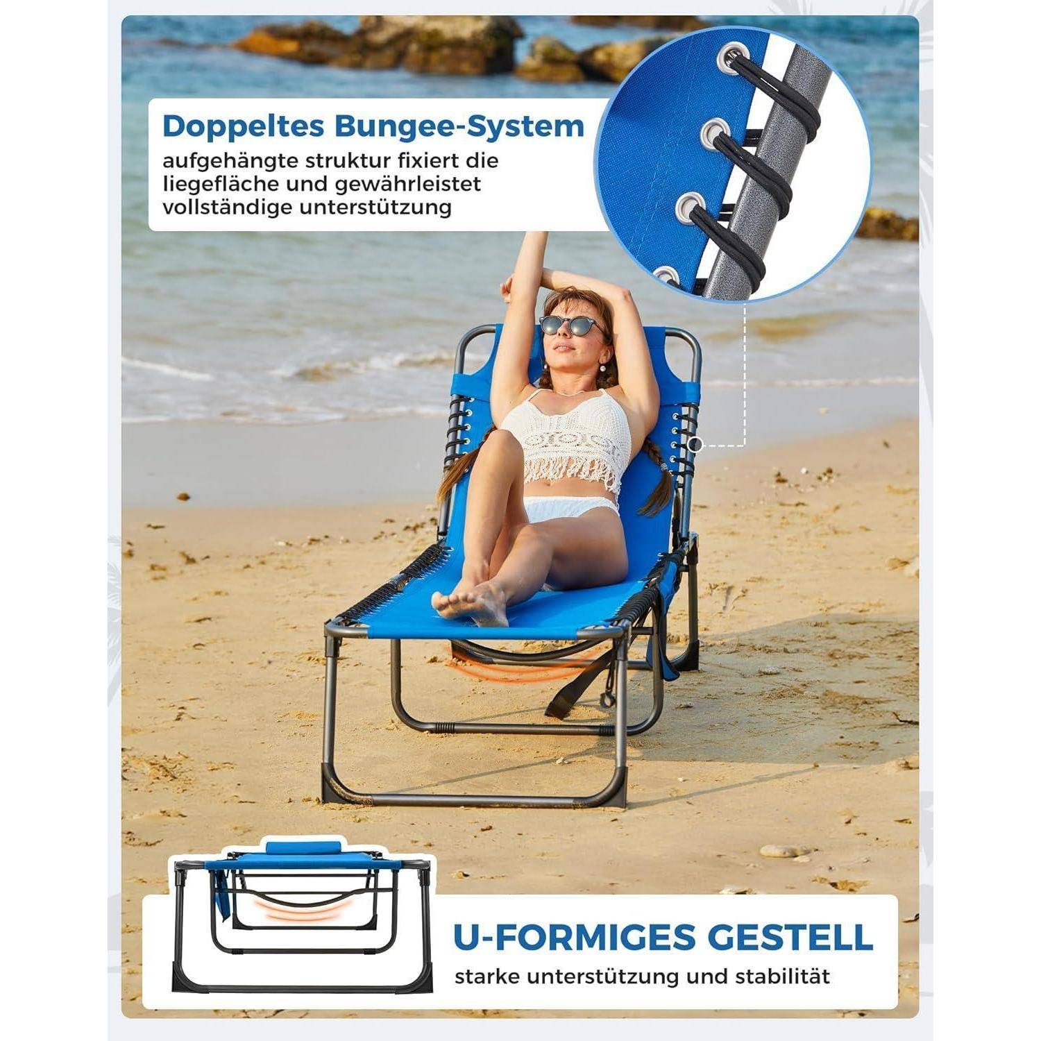 Eine Frau entspannt sich auf einem blauen Liegestuhl am Sandstrand. Eine Einblendung zeigt ein Doppel-Bungee-System. Der Text auf Deutsch beschreibt die Merkmale.