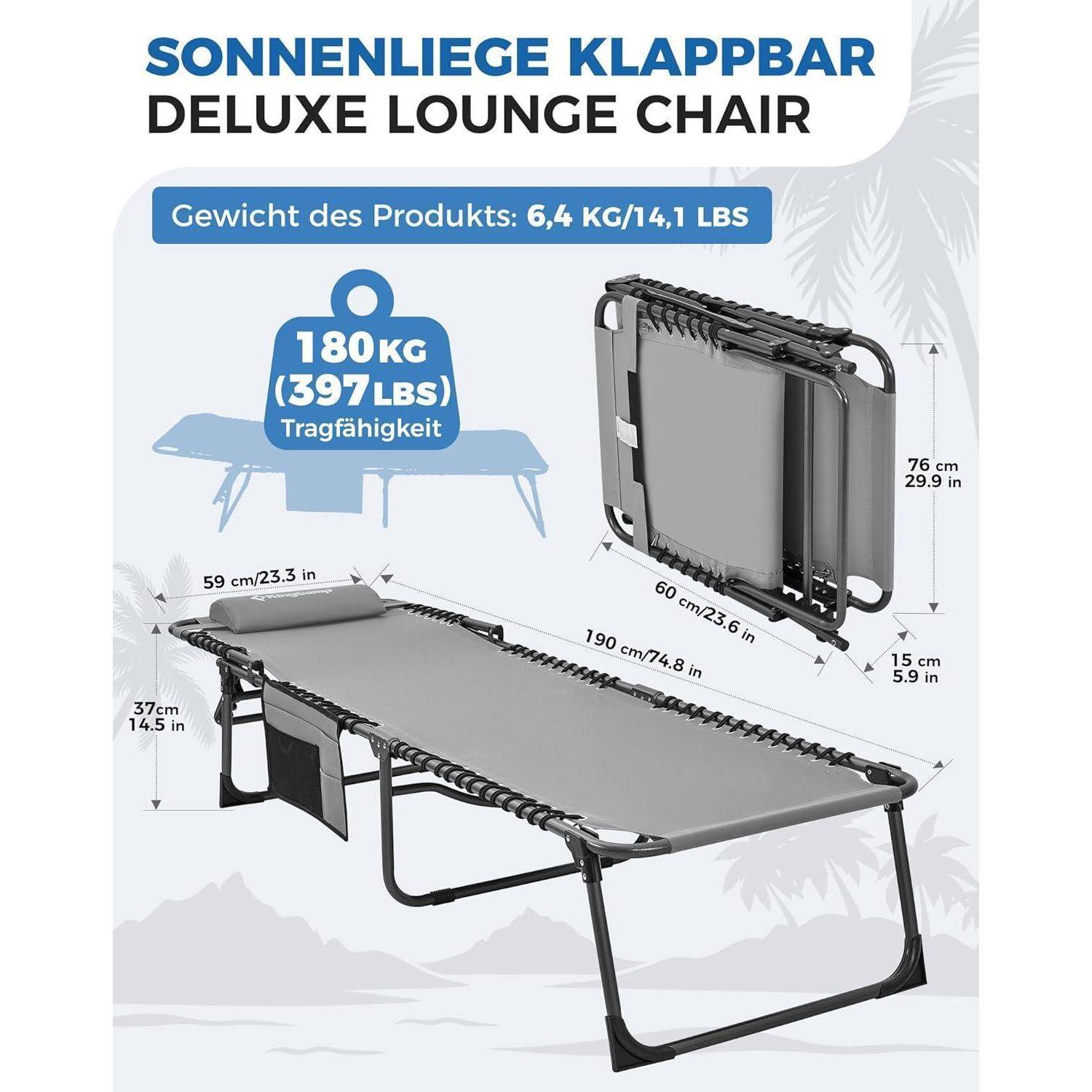 DELUXE LOUNGE CHAIR' mit Klappfunktion, wiegt 6,4 kg (14,1 lbs). Maße: 190 cm x 59 cm x 37 cm. Unterstützt bis zu 180 kg (397 lbs).