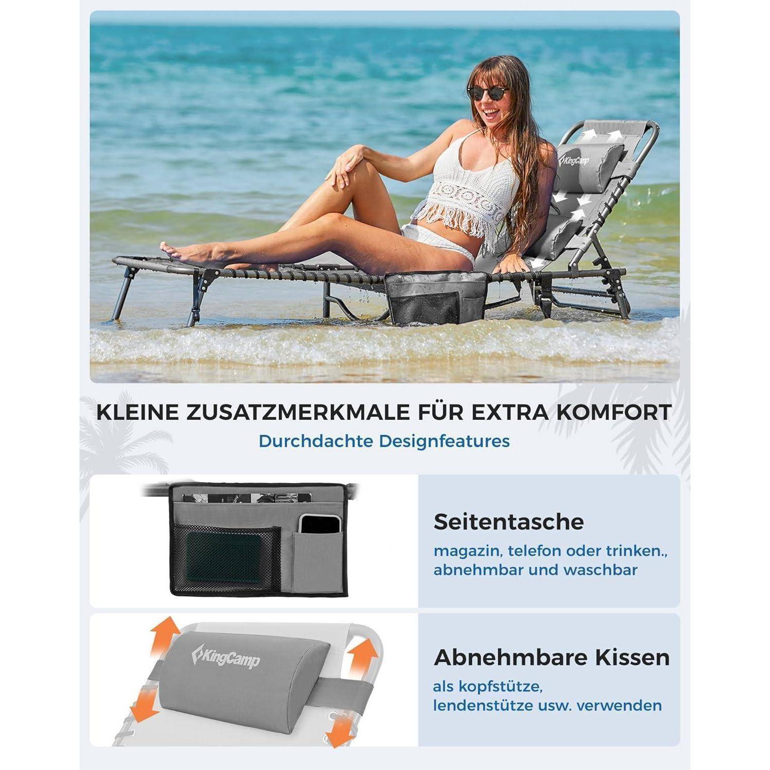 Eine Frau entspannt sich auf einem Liegestuhl im Freien. Darunter zeigen Bilder eine Seitentasche für Utensilien und abnehmbare Kopfstützkissen.