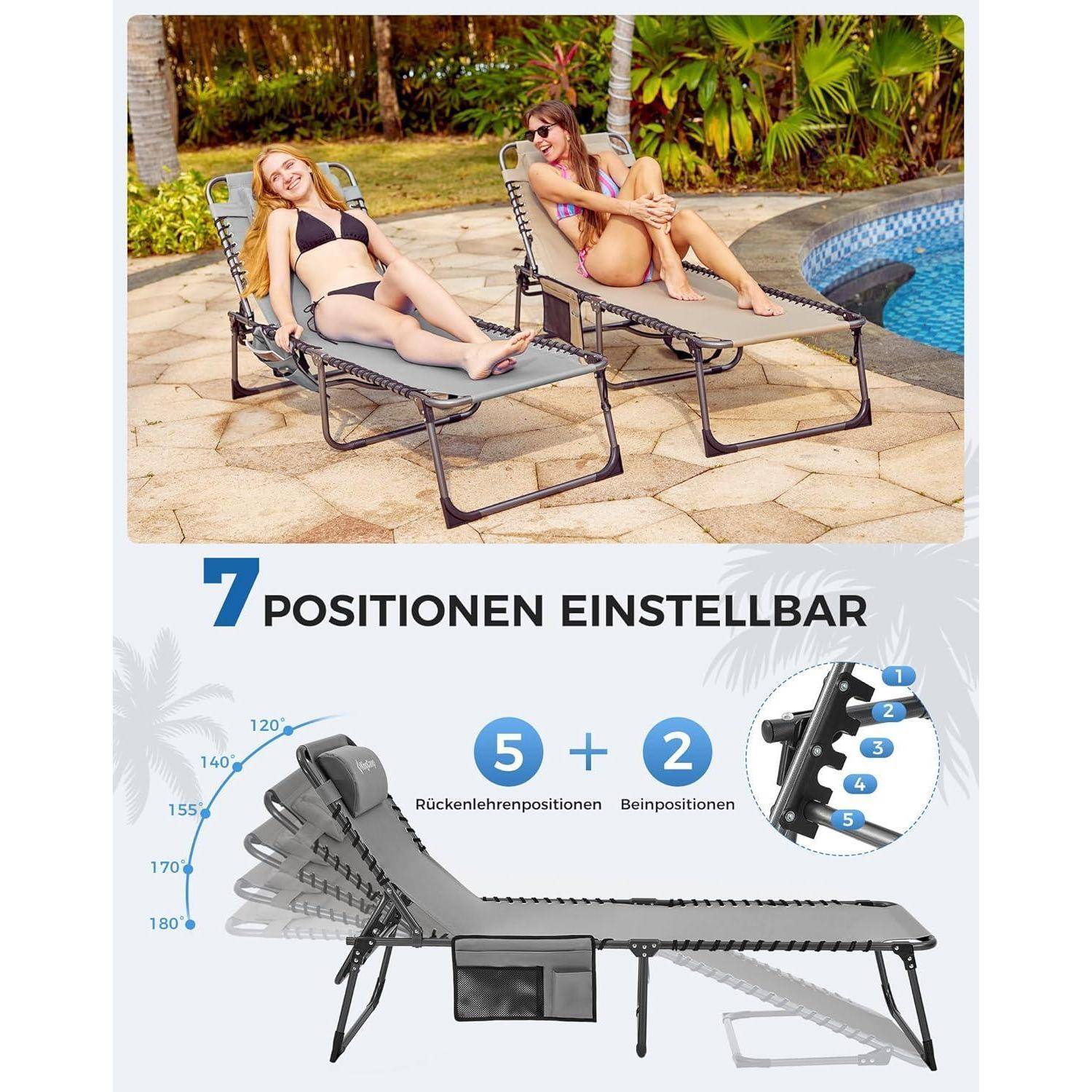 Zwei Frauen entspannen auf verstellbaren Liegestühlen neben einem Pool, umgeben von üppiger Vegetation. Text hebt hervor: 