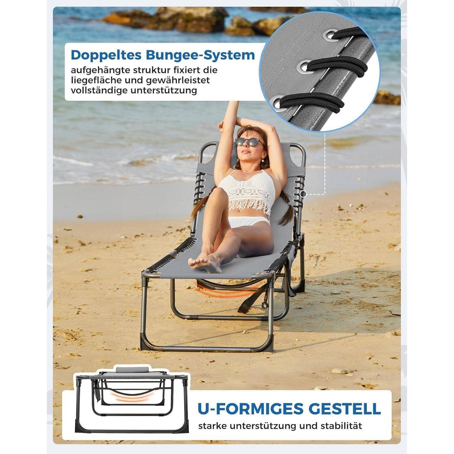 Eine Frau entspannt sich auf einem Liegestuhl am Strand. Hervorgehobene Merkmale: ‚Doppel-Bungee-System' und ‚U-förmiger Rahmen' für Unterstützung und Stabilität.