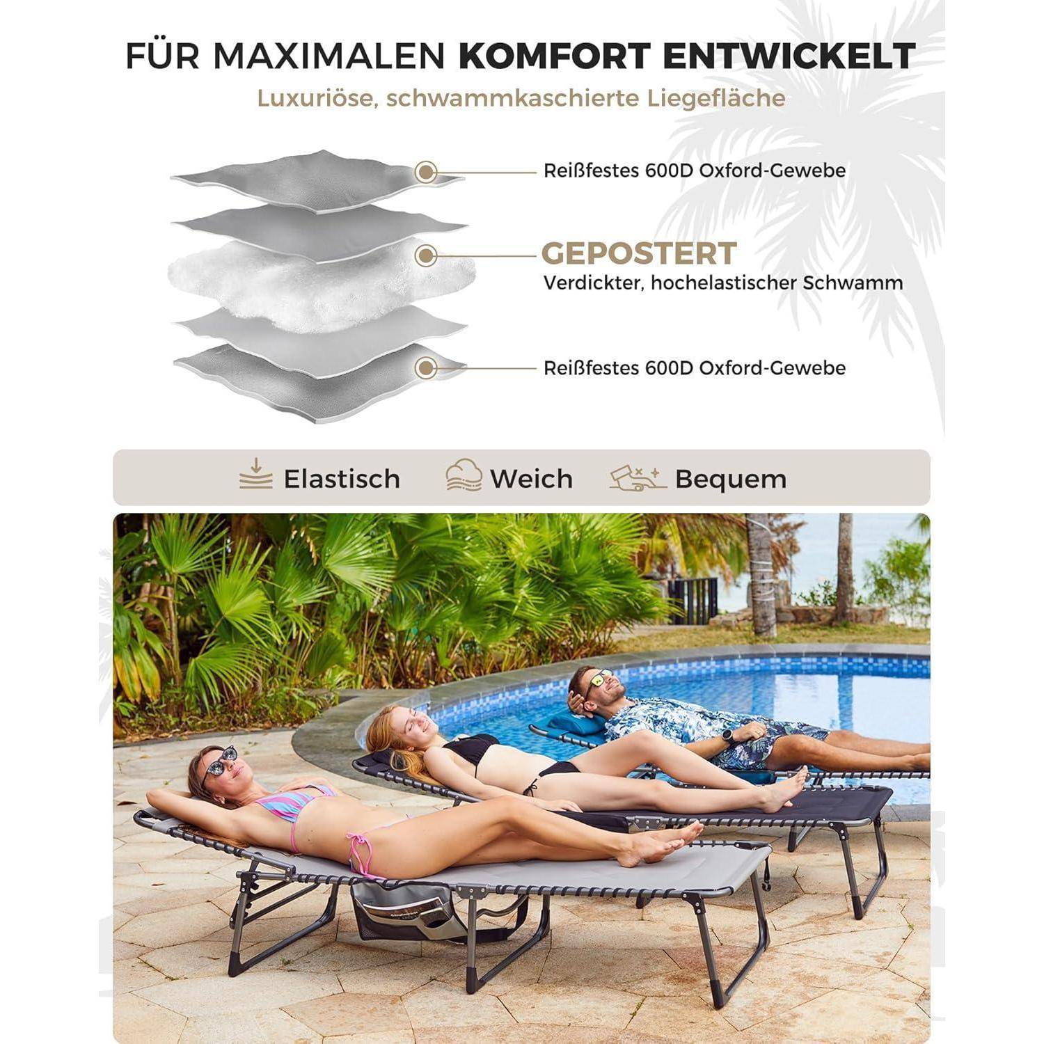 Drei Personen entspannen sich auf grauen Liegestühlen neben einem Pool. Im Hintergrund tropische Pflanzen. Der Text auf Deutsch betont den Komfort und die Eigenschaften der Liegestühle.